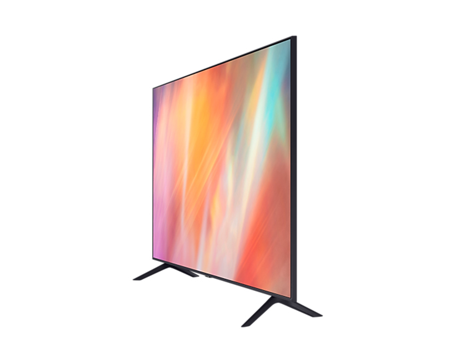 TV di lato, con schermo colorato e supporto nero.
