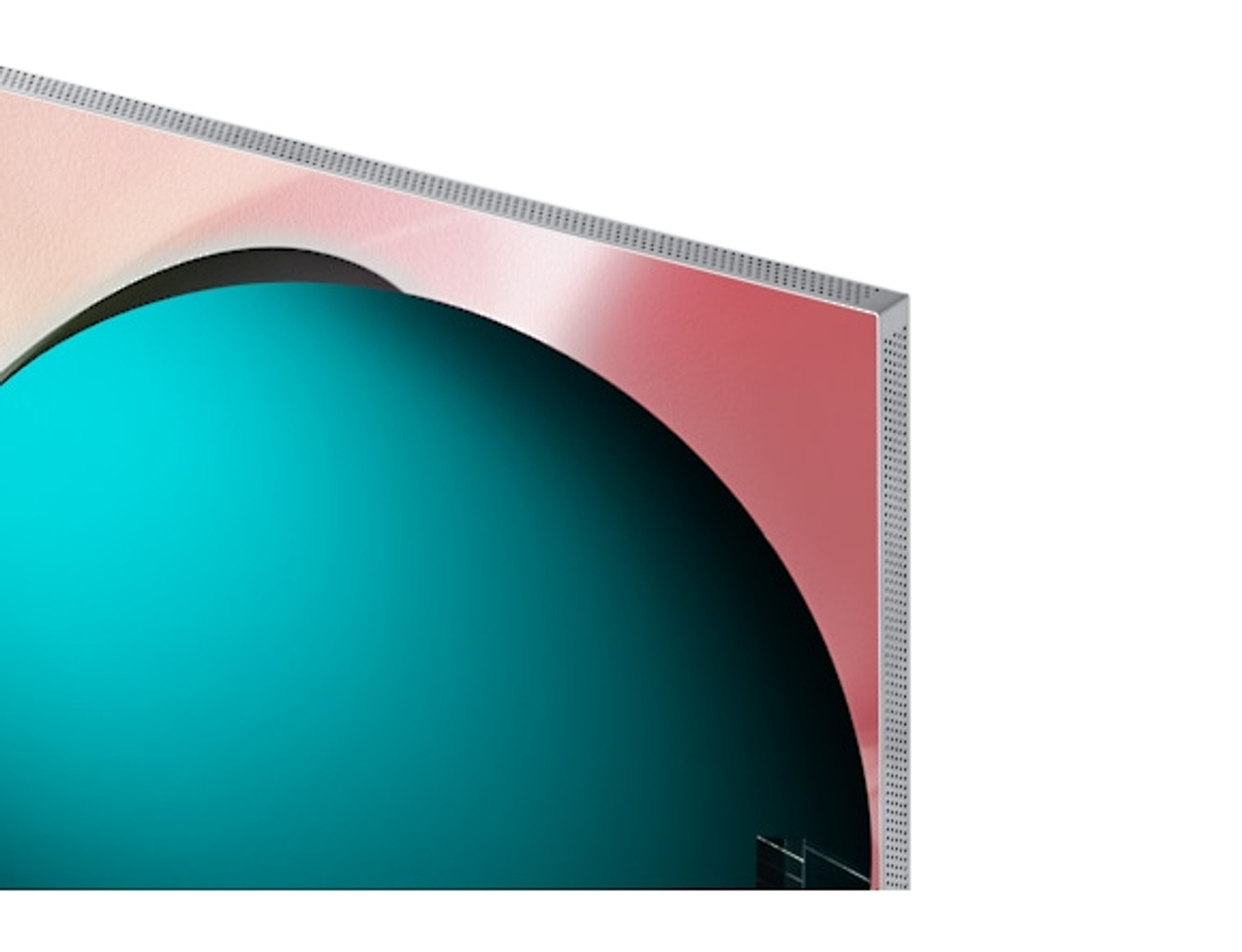 Primer plano de una esquina de TV con pantalla curva y pantalla abstracta colorida.