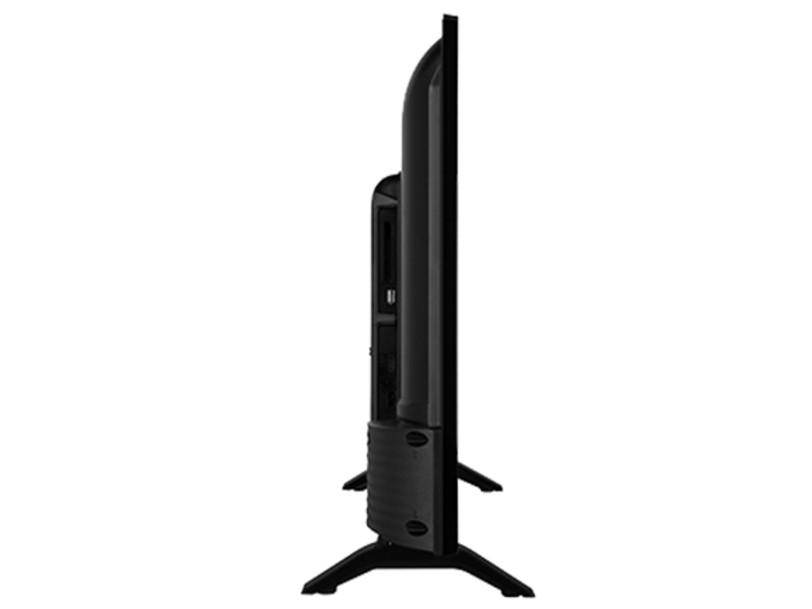 Un profilo laterale di un televisore mostra un design elegante nero con una cornice stretta e un supporto su uno sfondo bianco.