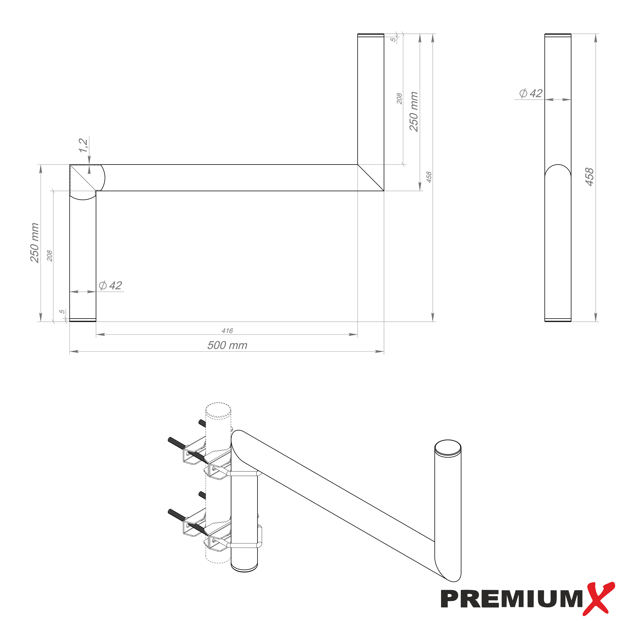 PREMIUMX Z-Ausleger 50cm Ø 42mm Silber Stahl SAT Schellen Mast Ausleger SAT-Wandhalterung, mit