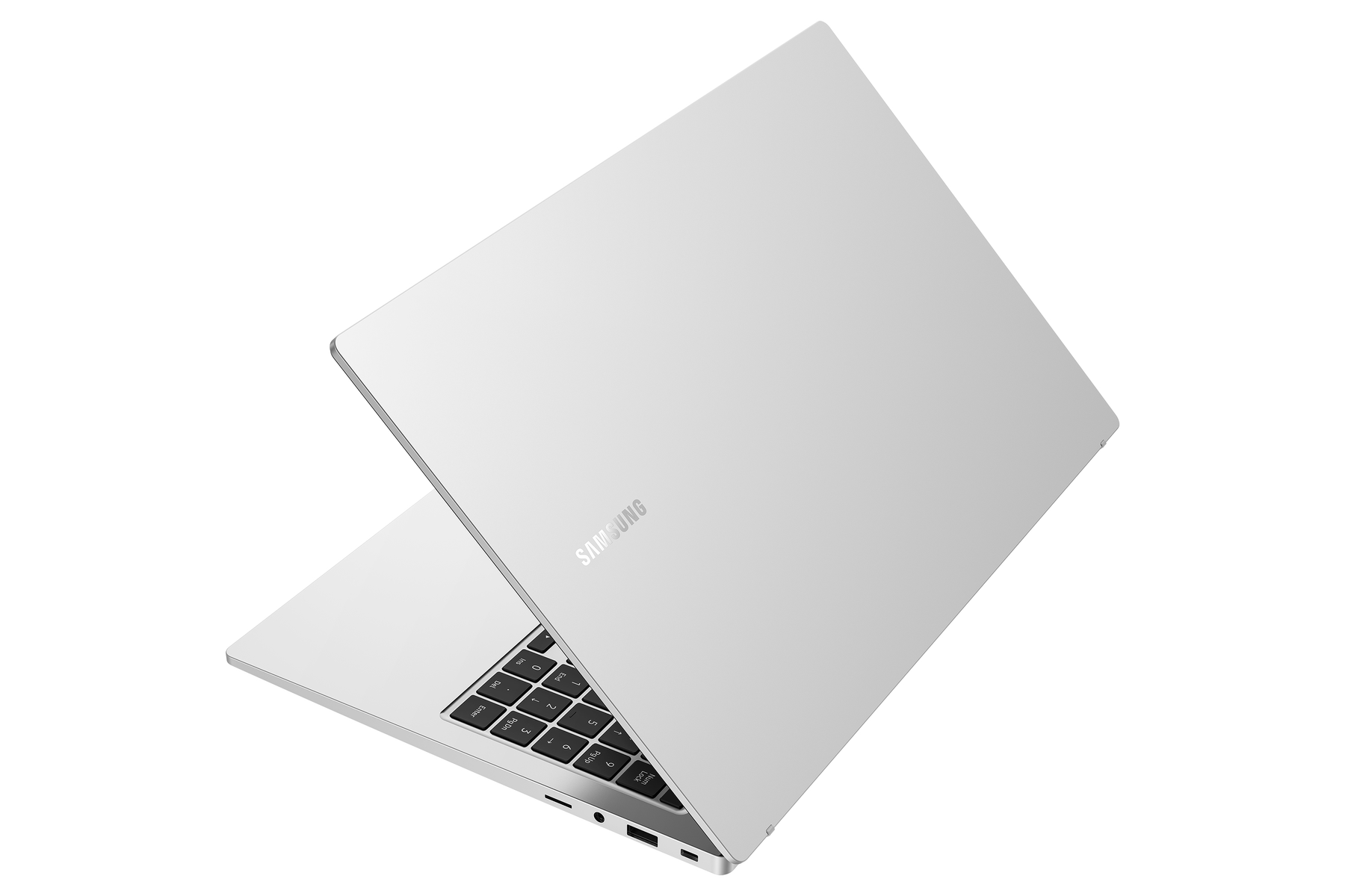 Silberner Samsung-Laptop, teilweise geöffnet.
