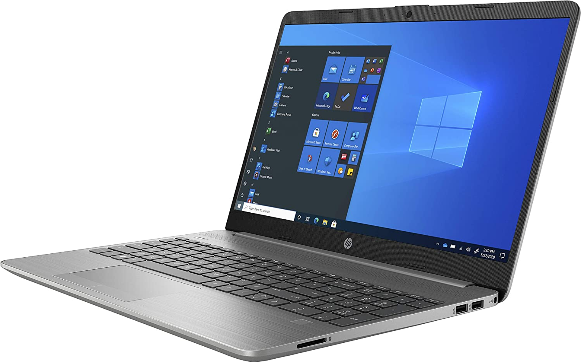 Laptop HP aperto, mostra desktop Windows, corpo argento, tastiera nera.