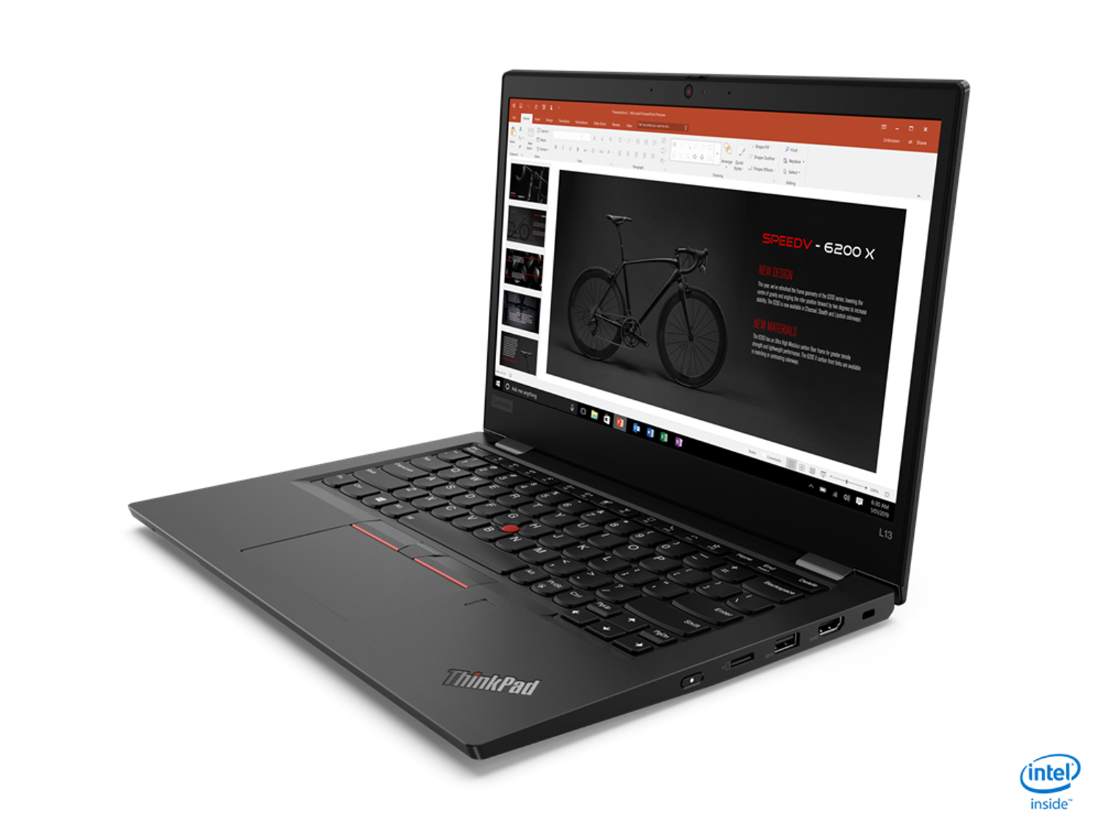 Portátil ThinkPad, abierto, mostrando presentación, con trackpoint rojo.