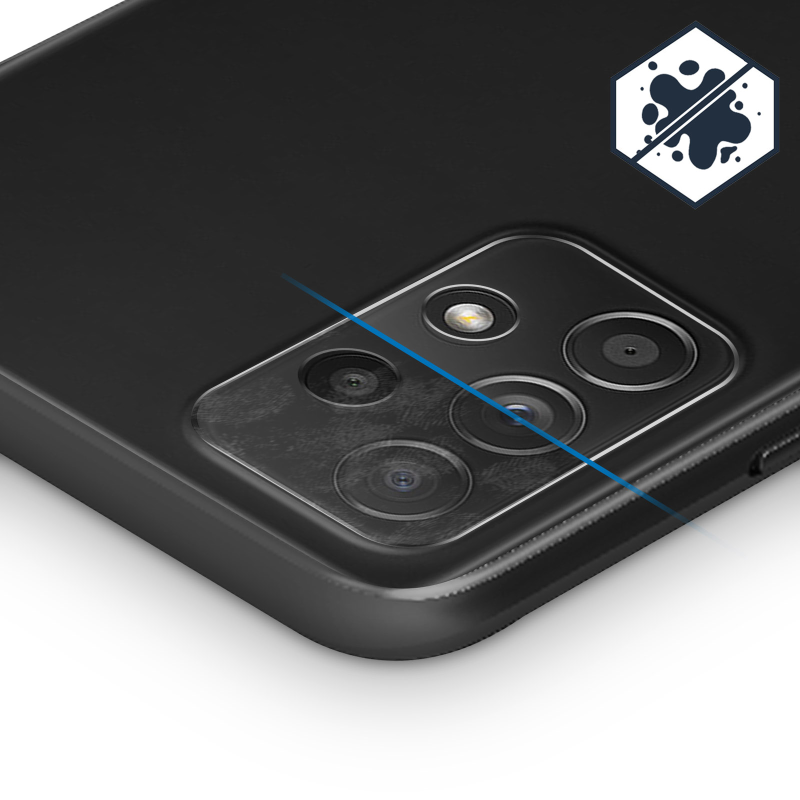 Primo piano del retro di un telefono nero con lenti della fotocamera e un simbolo resistente allo sporco.