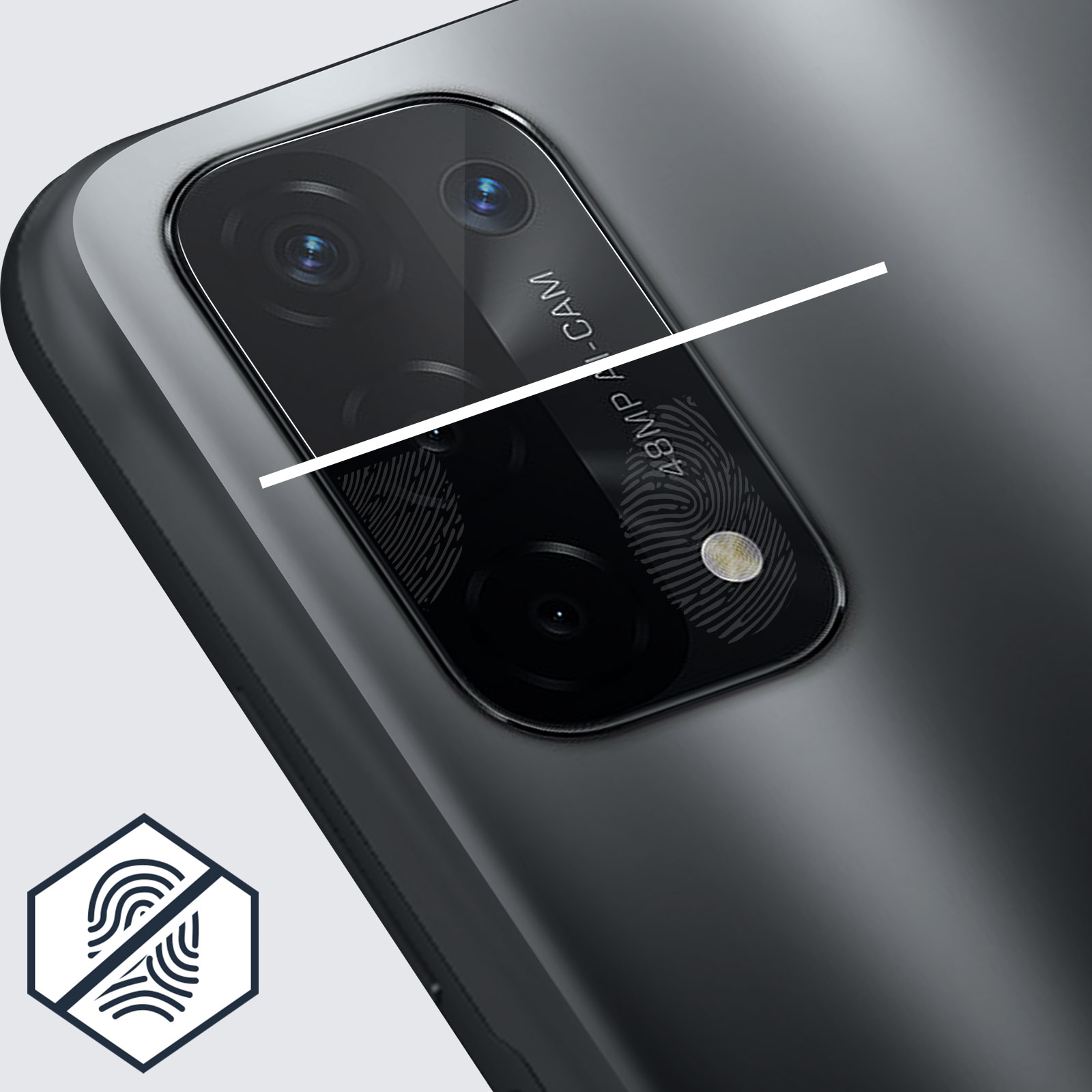 Primo piano del modulo fotocamera di un telefono con più lenti, sensore di impronte digitali e testo '48MP-CAM'.