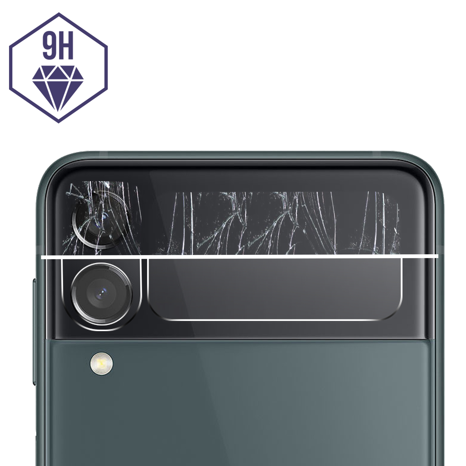 Un telefono verde scuro con un'area della fotocamera danneggiata, con uno strato protettivo sopra.