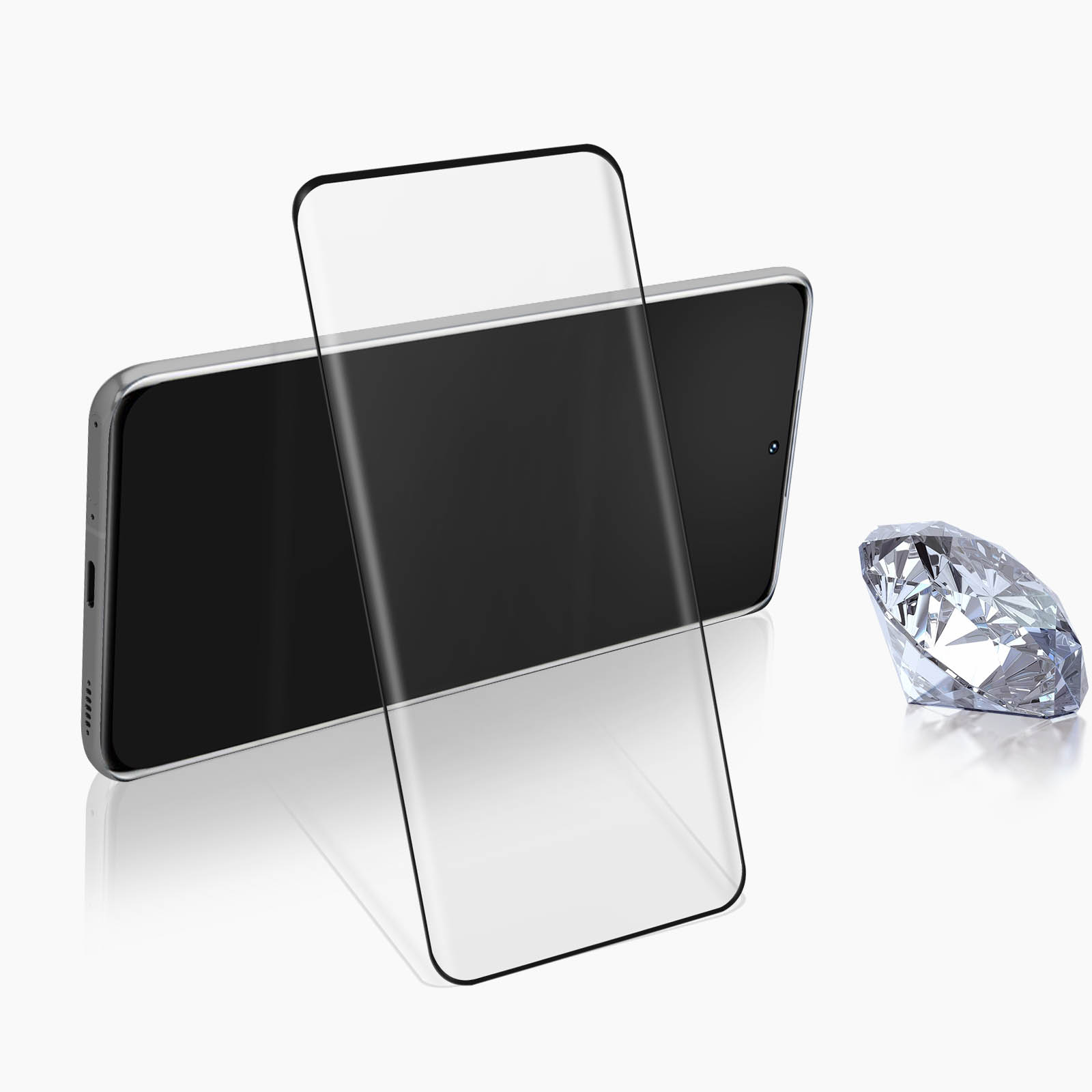 Un telefono con protezione schermo e un diamante. Lo sfondo è bianco.