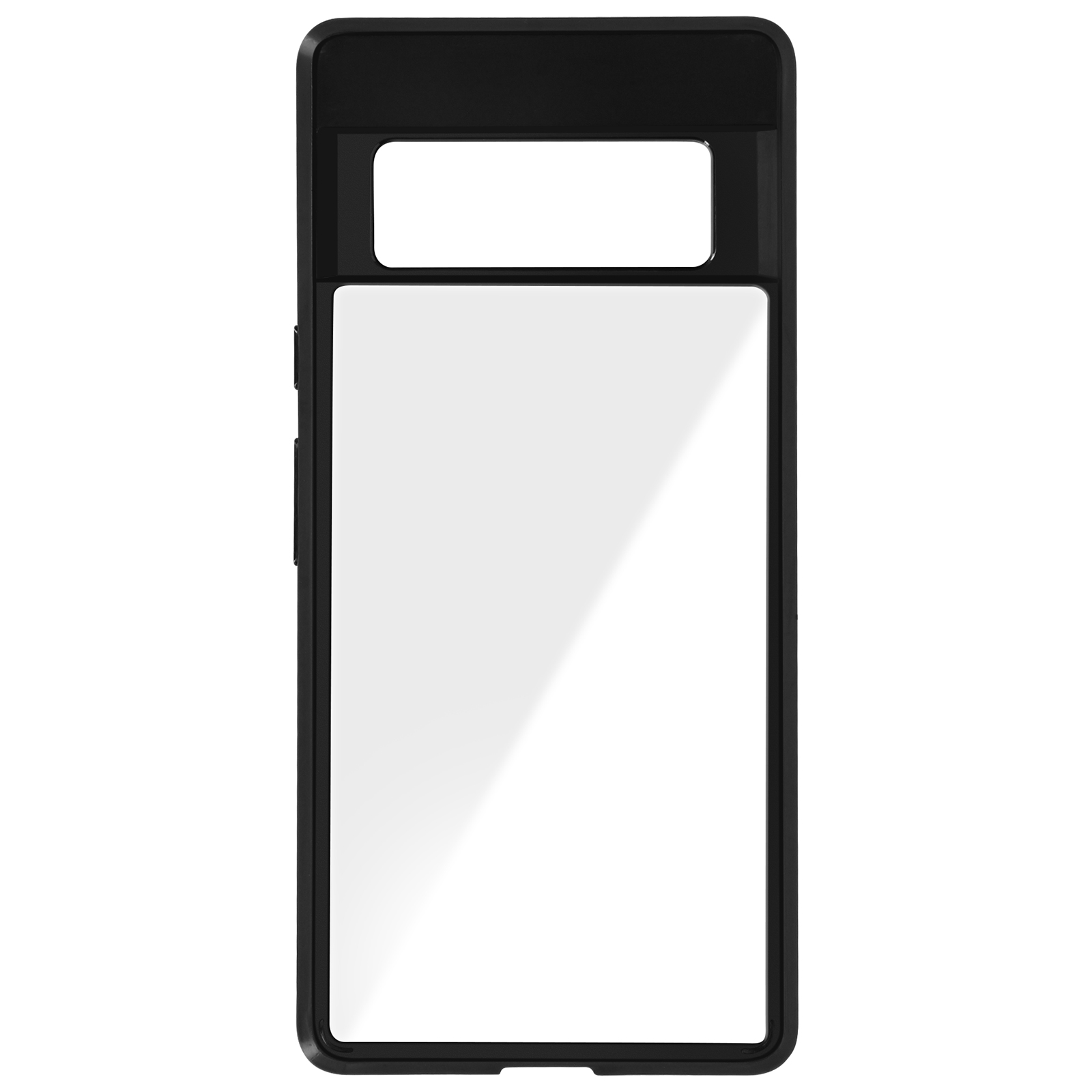Custodia nera per telefono con finestra trasparente. Sfondo bianco.