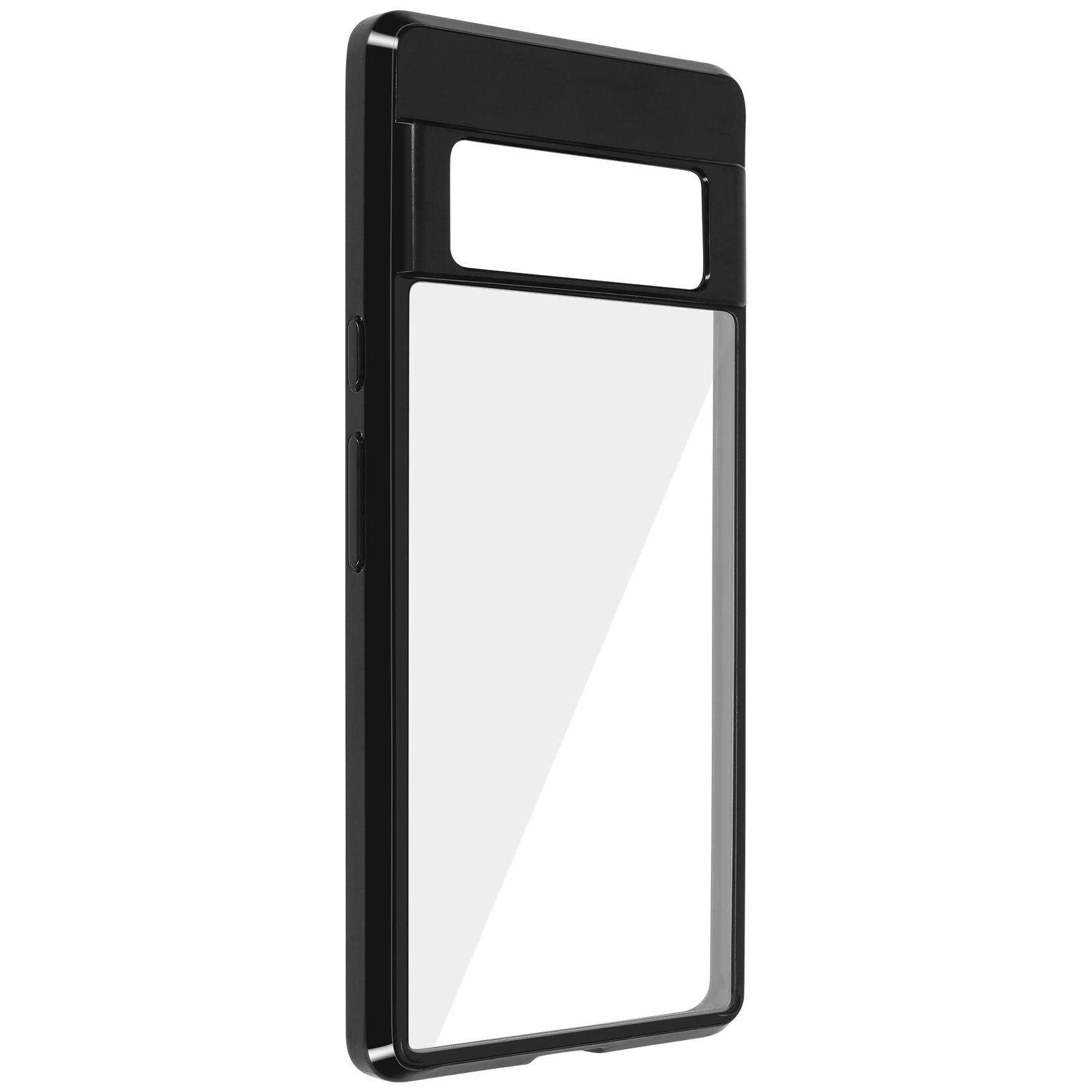 Custodia nera per telefono con parte anteriore trasparente, vista angolata.