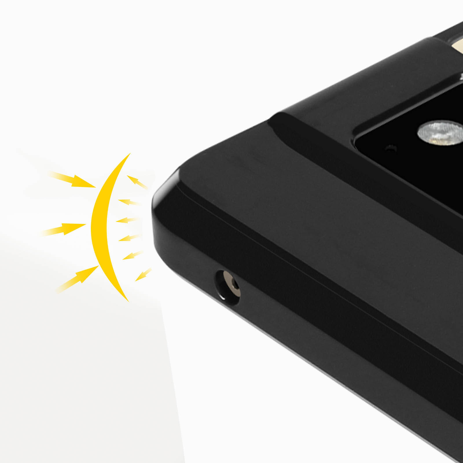 Primo piano di un telefono nero. Le frecce gialle mostrano la direzione del suono.