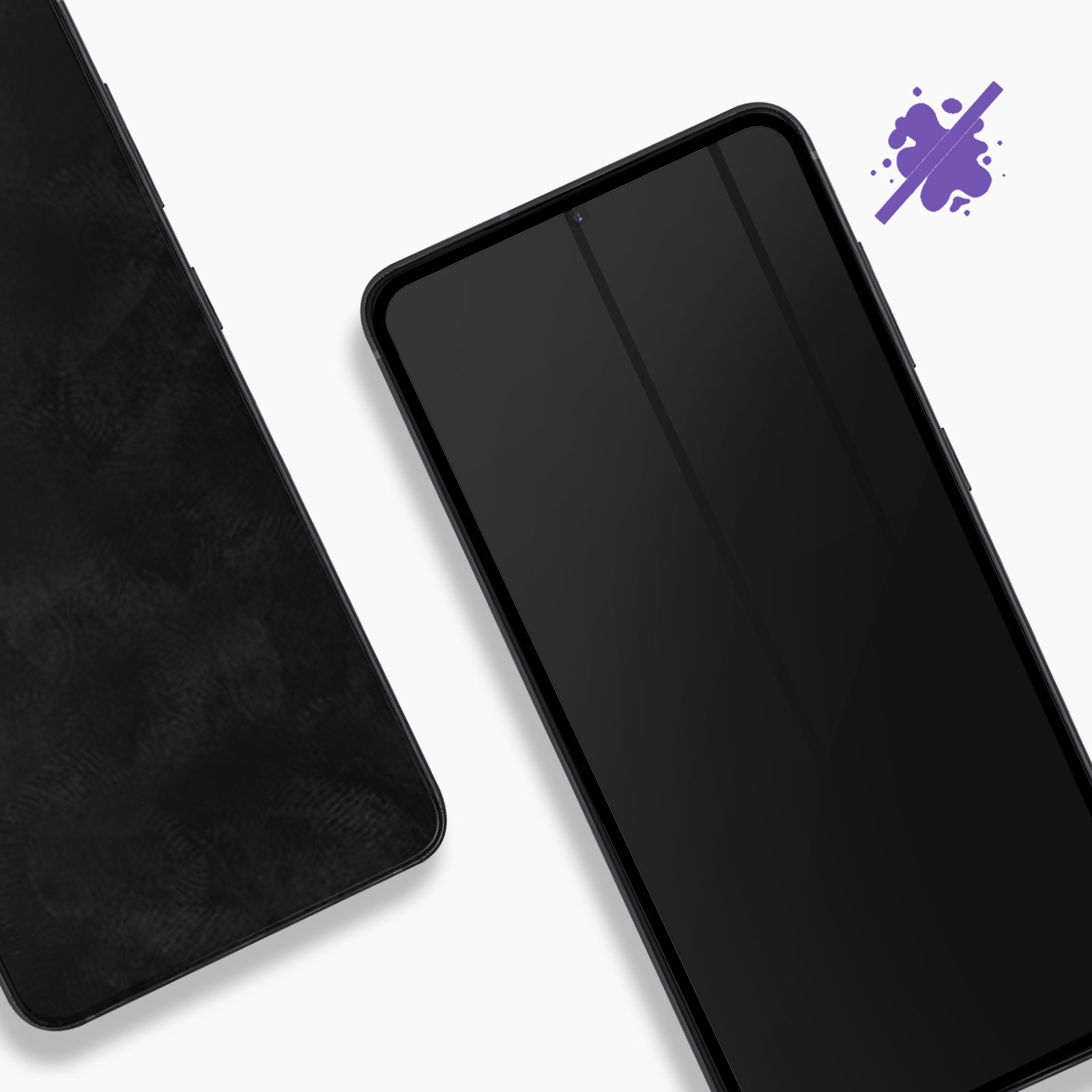 Due smartphone neri. Il telefono destro ha un'icona senza macchie.
