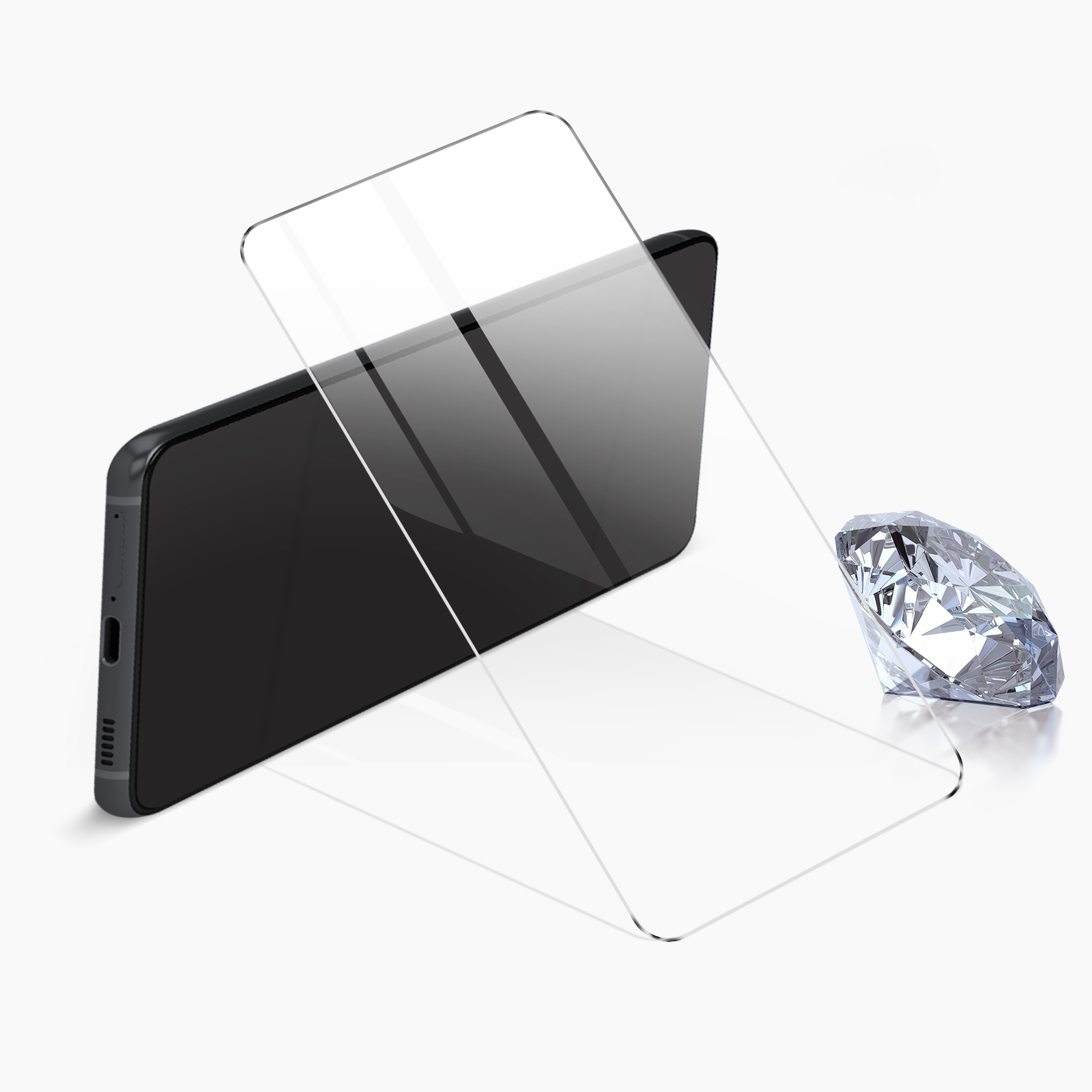 Telefono nero con protezione schermo vicino a un diamante.