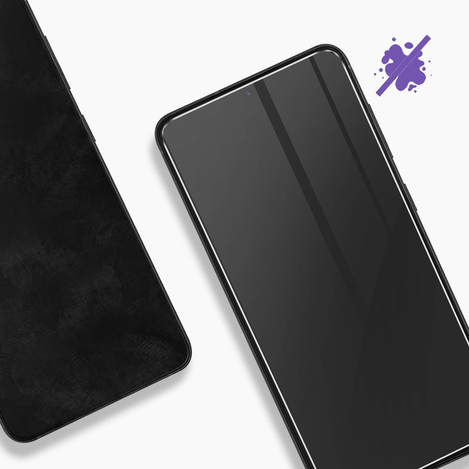 Due smartphone neri con proteggi schermo, uno con una macchia di inchiostro viola.