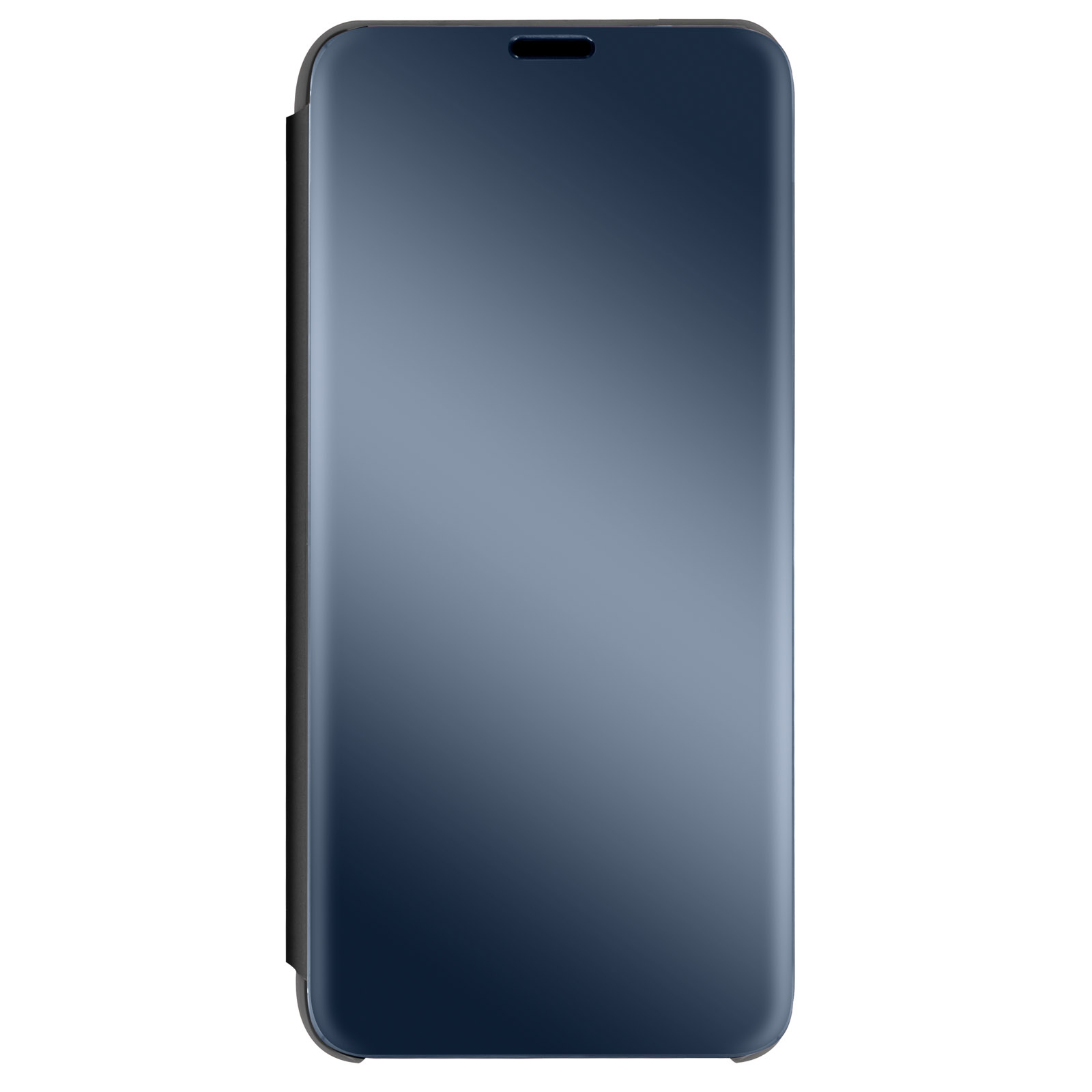 Una custodia per telefono blu navy, con finitura a specchio, è chiusa.