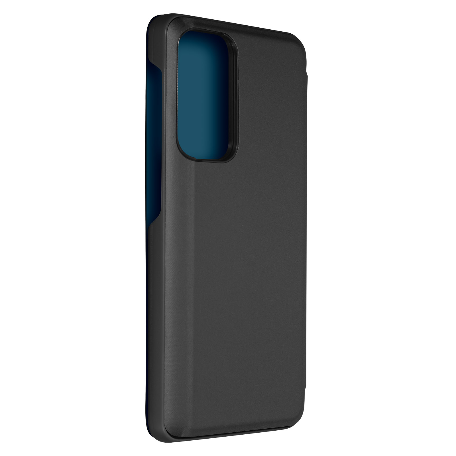 Custodia nera per telefono con un ritaglio rettangolare per la fotocamera che mostra un interno blu e un esterno liscio.