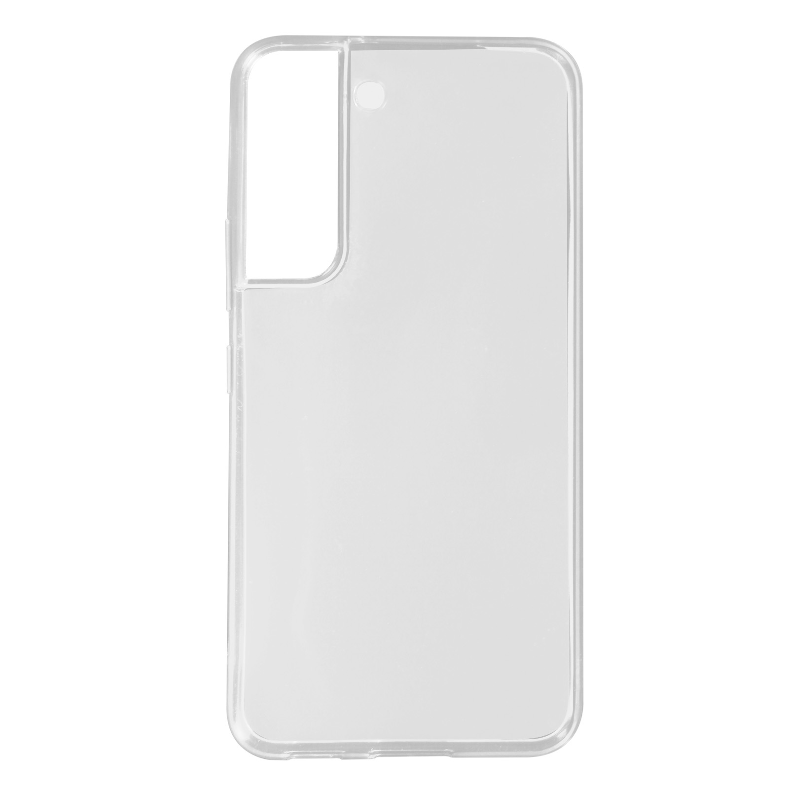 Custodia trasparente con foro per fotocamera e pulsante di accensione.