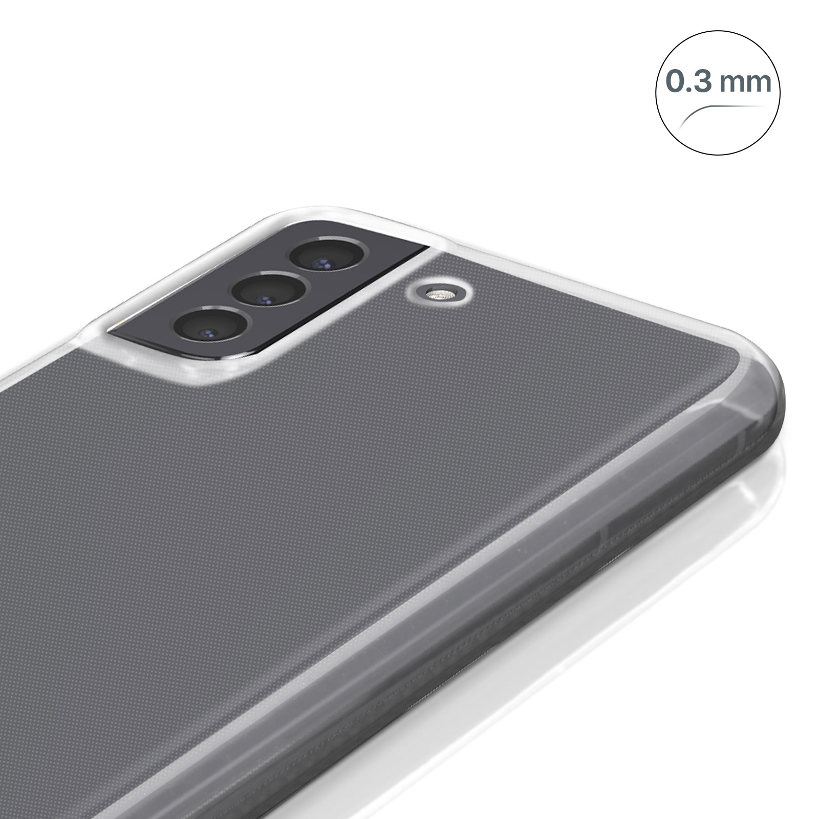 Custodia trasparente per telefono su sfondo bianco. Il telefono ha una fotocamera a tre lenti e schermo grigio.