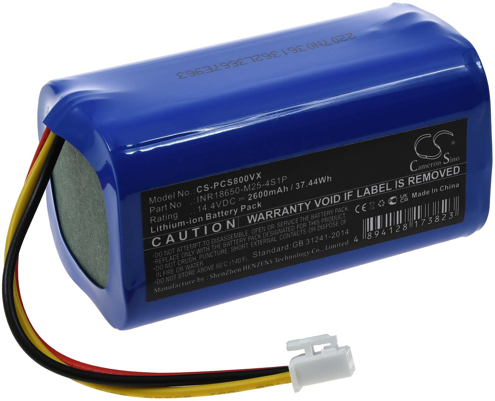 Blaue zylindrische Batterie mit Text und Warnhinweisen. Weißer Hintergrund.