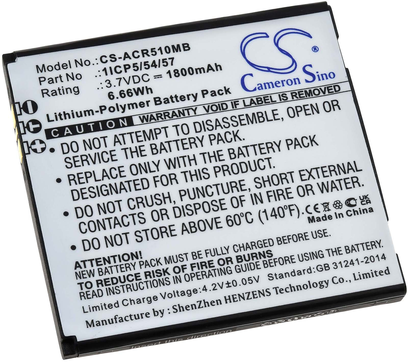 Eine schwarz-weiße Batterie mit Warnhinweisen und Spezifikationen.