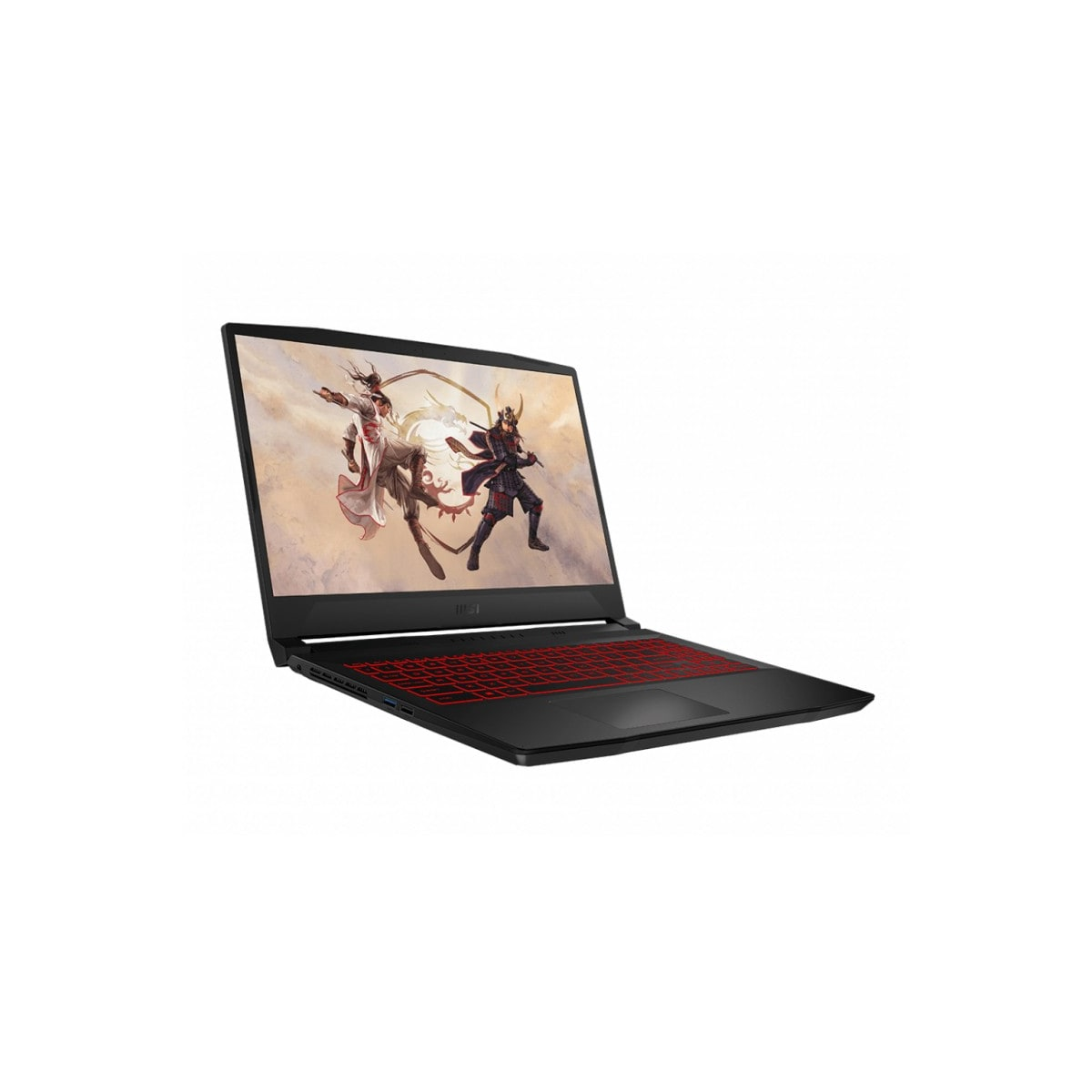 Ordenador portátil. Cuerpo negro, teclado rojo. La pantalla muestra personajes de anime. Fondo blanco.