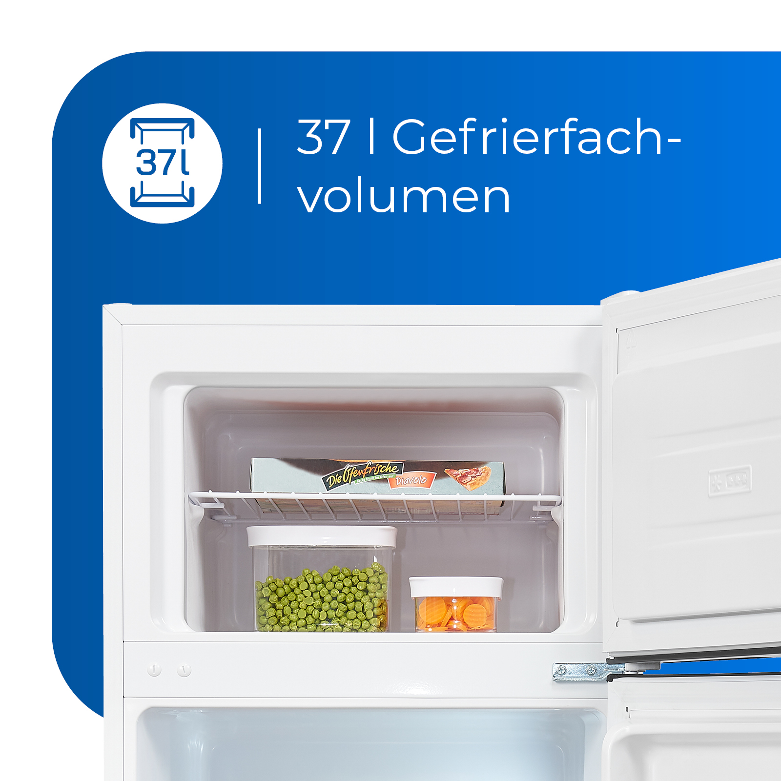 Open refrigerator with shelves, containers of peas, carrots, and pizza.