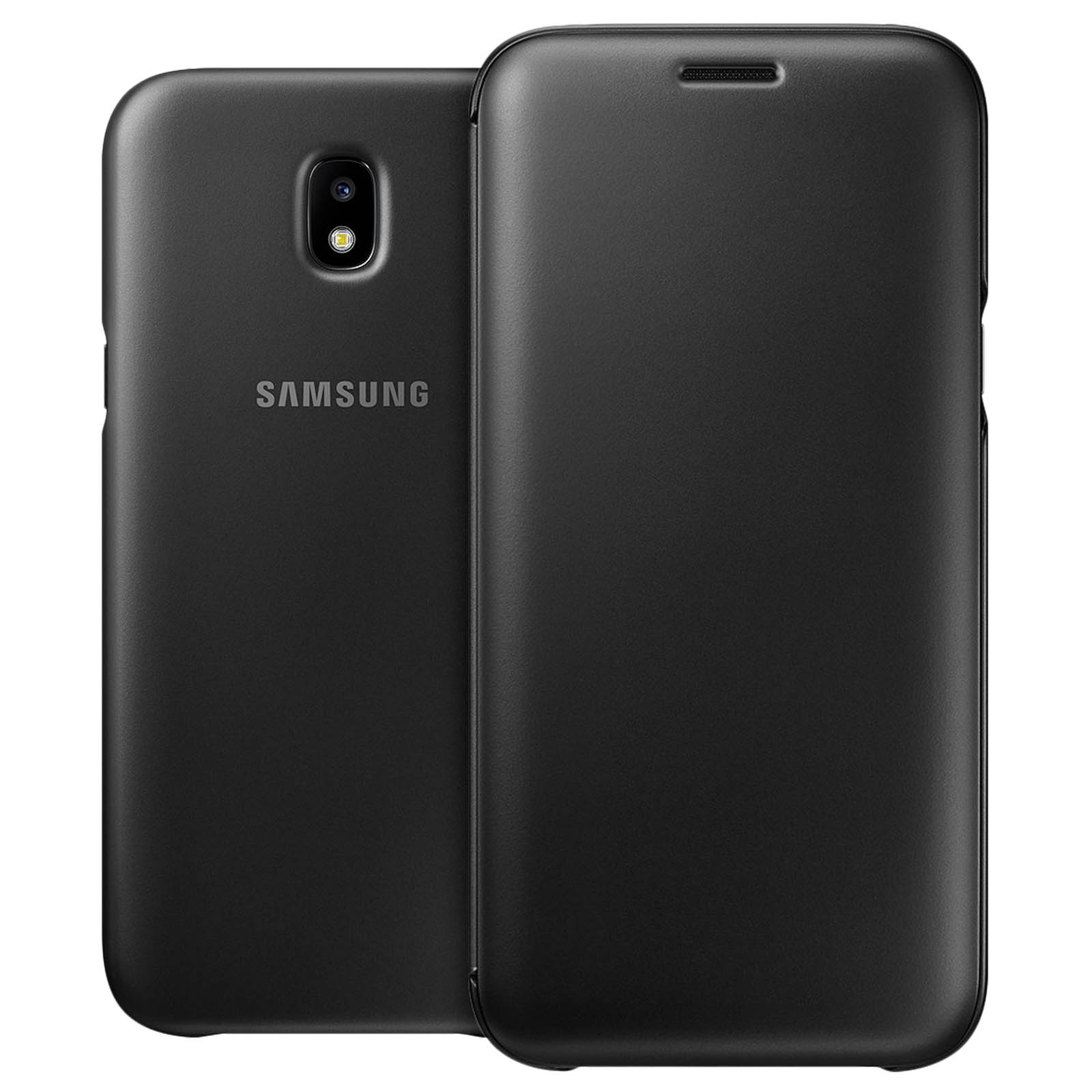 Funda de teléfono negra. La funda cubre la parte posterior y los lados del teléfono. Logotipo de Samsung visible.