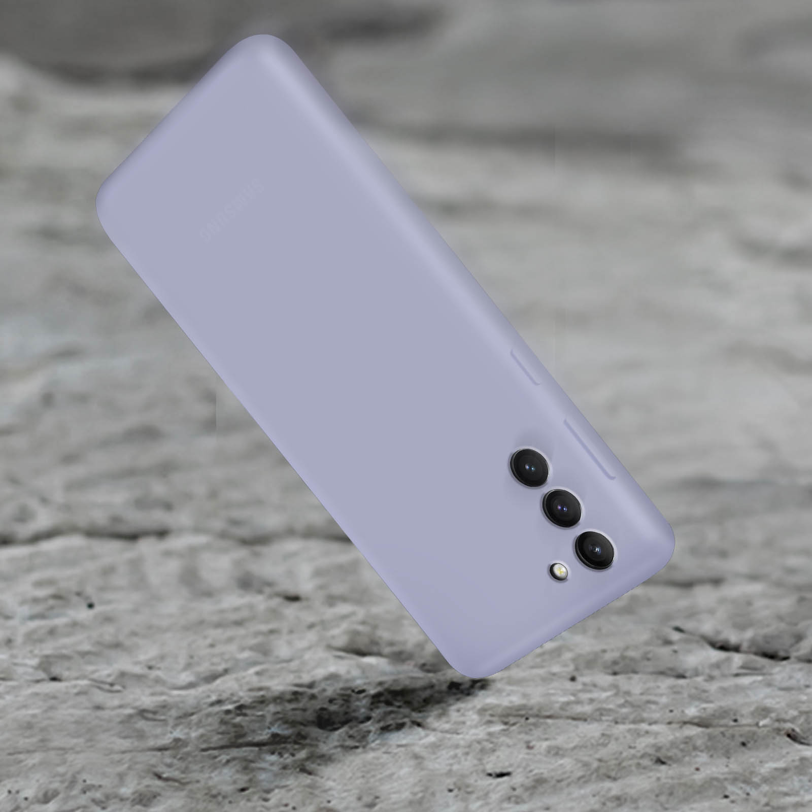 Una funda de teléfono morado claro sobre una superficie de piedra.