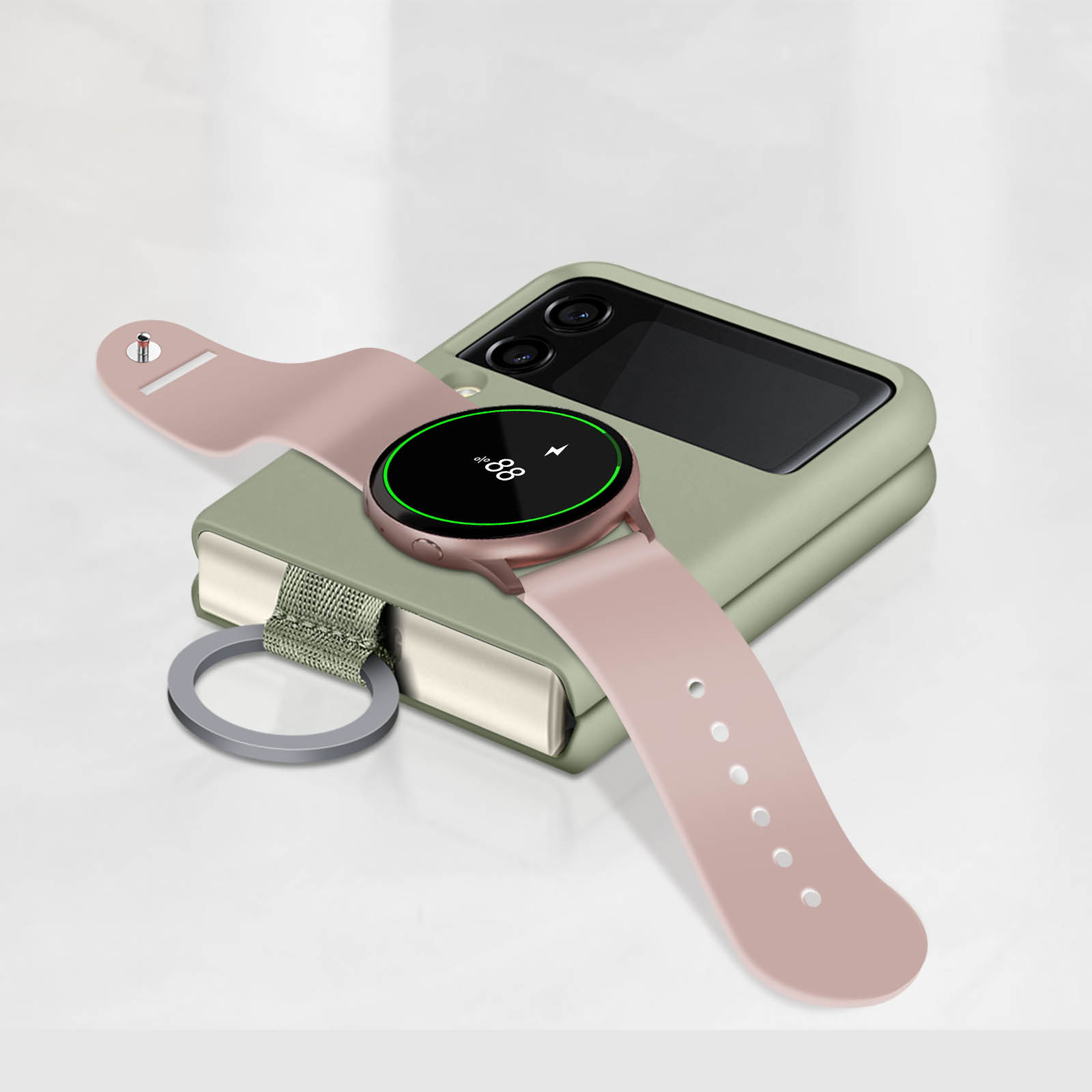 Rosa Smartwatch mit grünem Falttelefon und grauem Ring auf weißer Oberfläche.