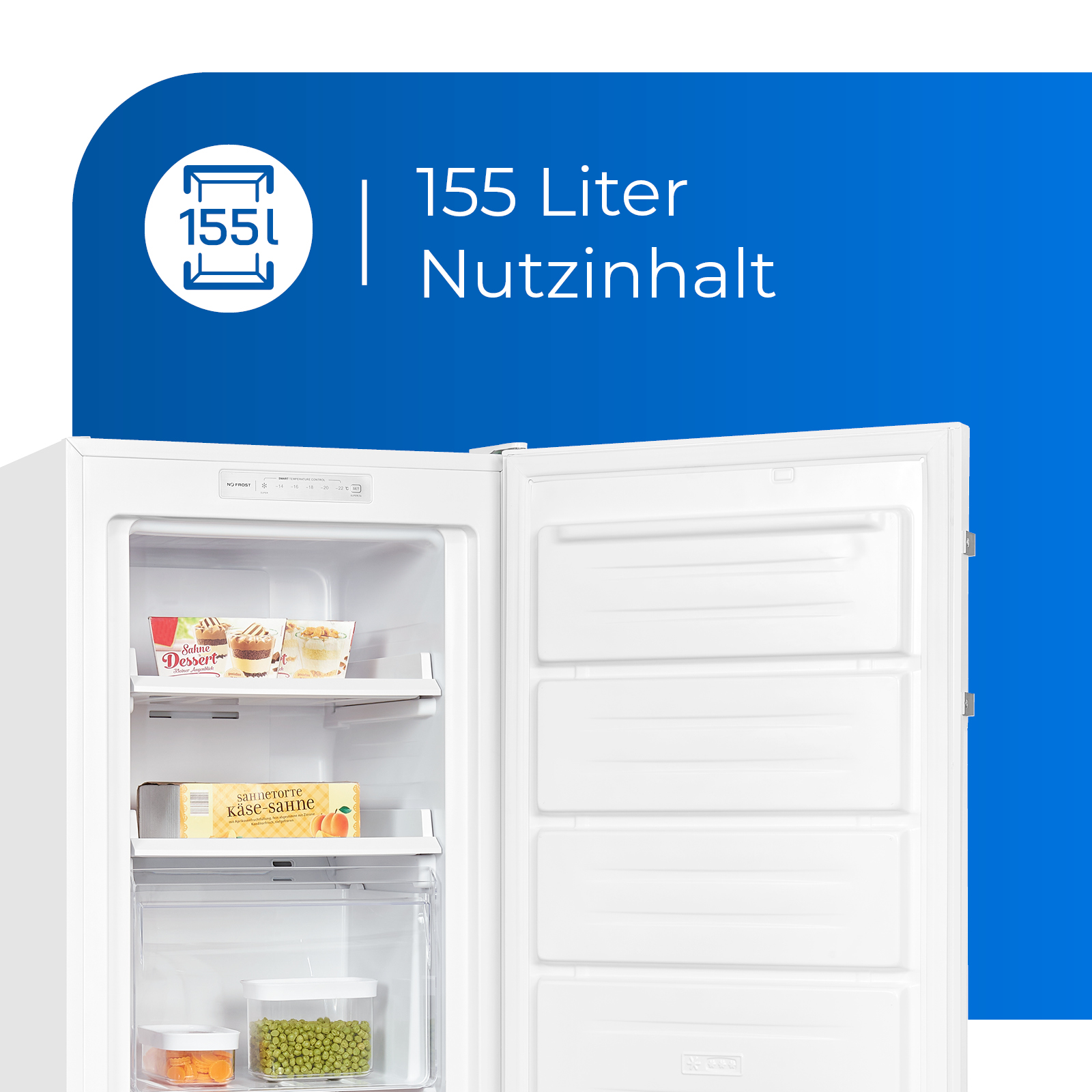 Ein Kühlschrank mit geöffneter Tür zeigt den Inhalt. Blauer Akzentrahmen.
