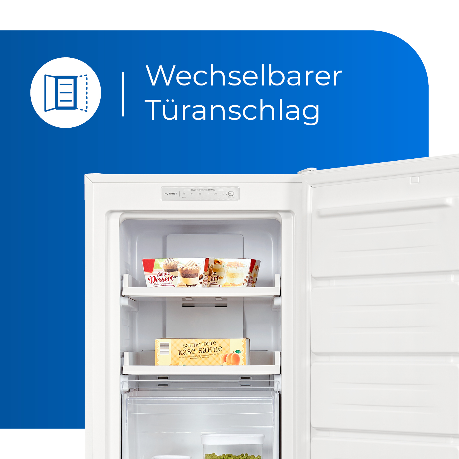 Kühlschrankinnenraum, Regale mit Lebensmitteln, blauer Text oben.