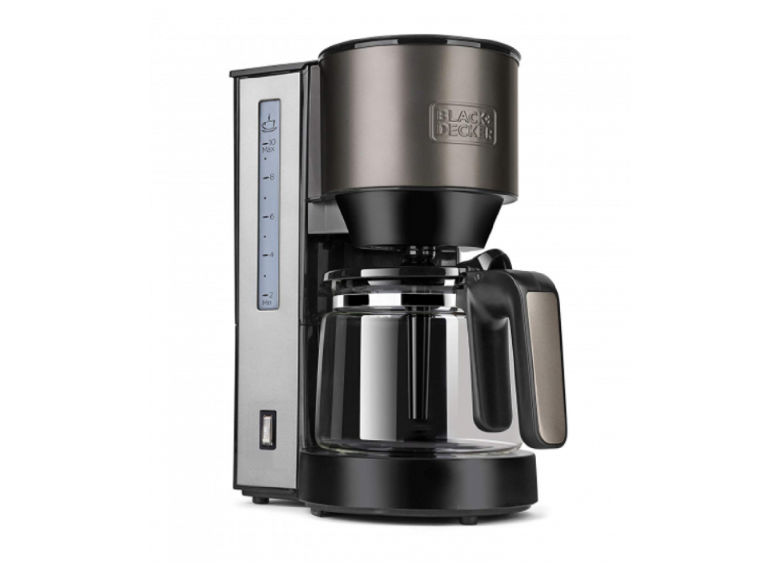 Ekspres do kawy, czarny i srebrny. Marka Black Decker. Białe tło.