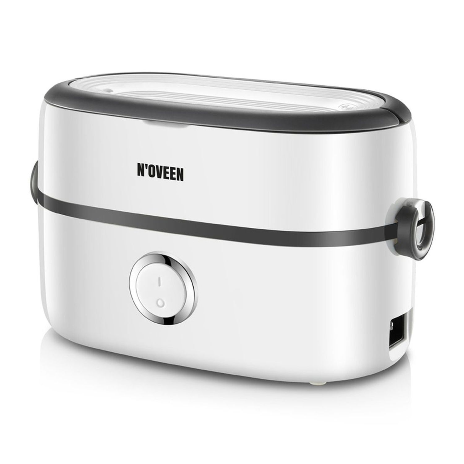 Weiße und schwarze N'OVEEN-Lunchbox. Sie hat eine Ein-/Aus-Taste.
