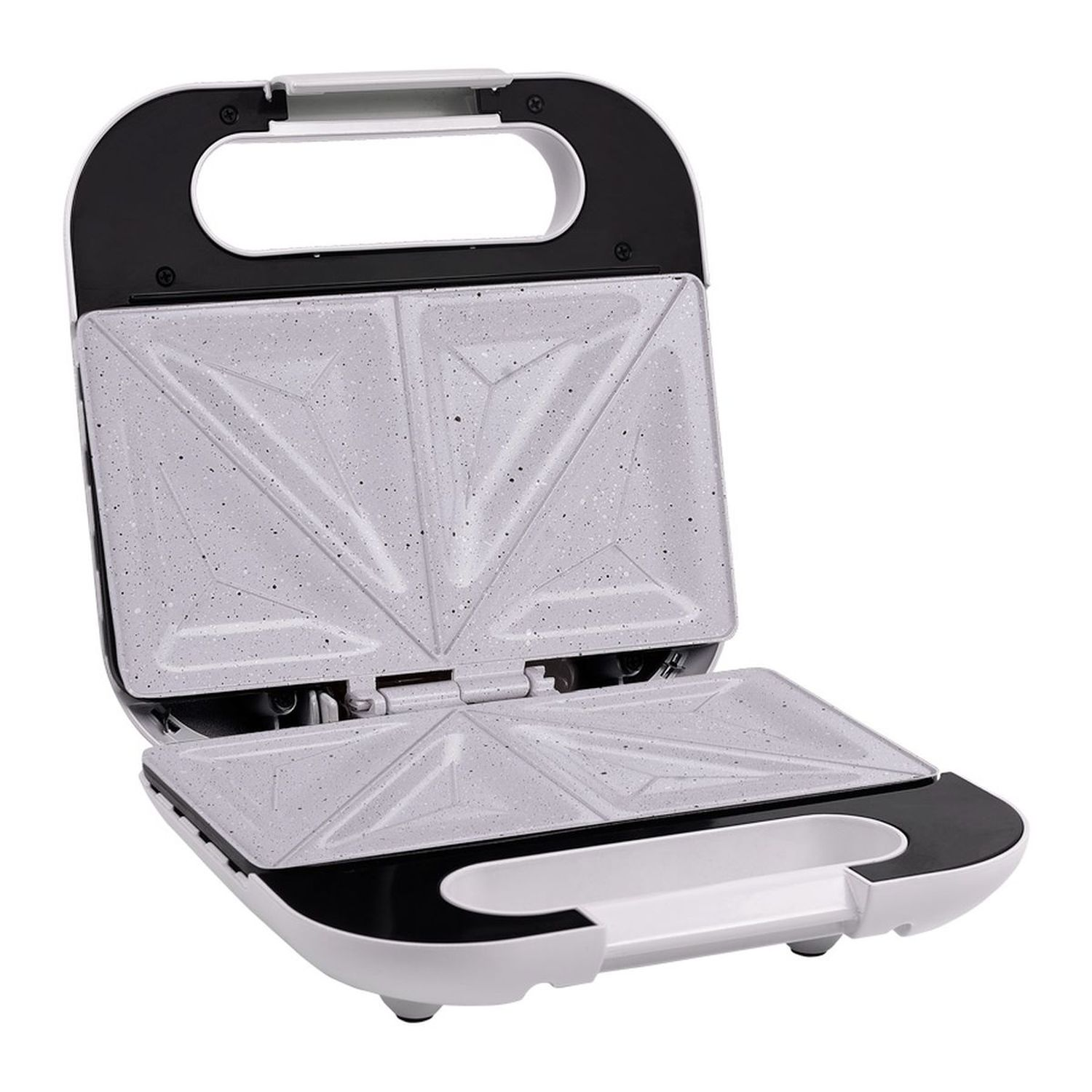 Weiß-schwarzer Sandwichmaker, geöffnet. Im Inneren ist der Maker grau mit schwarzen Sprenkeln. Griff oben.
