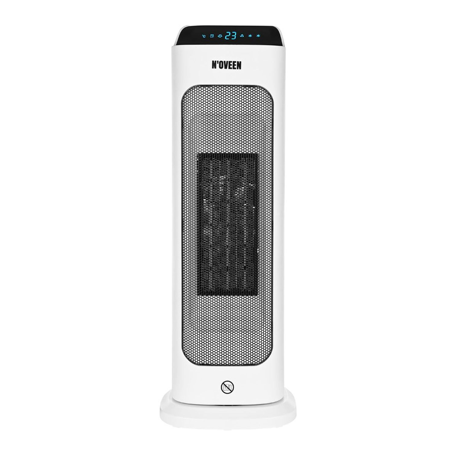 Biały grzejnik wieżowy z czarnym siatkowym przodem, cyfrowym wyświetlaczem i okrągłą podstawą.