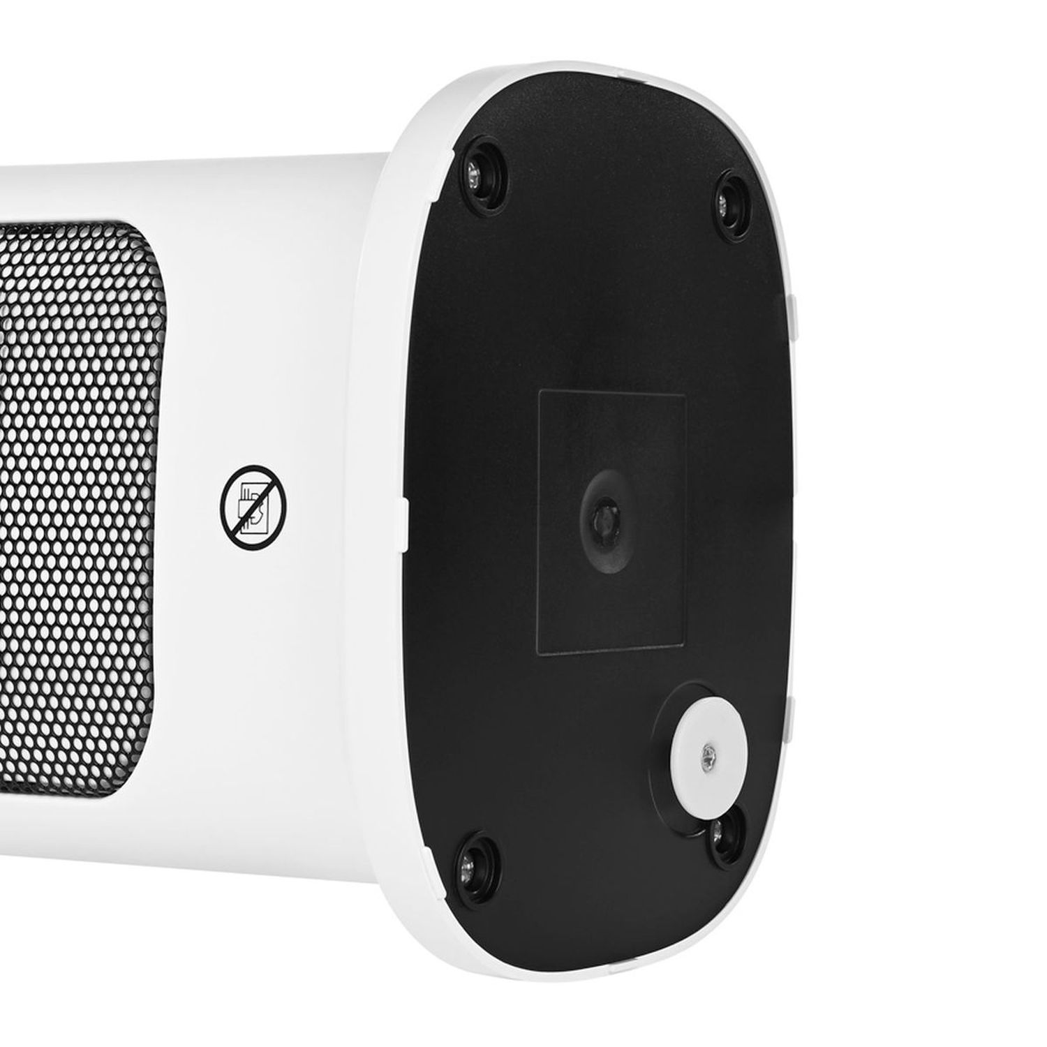 Spód białego oczyszczacza powietrza z czarną podstawą. Ma kratkę i symbol zasilania.