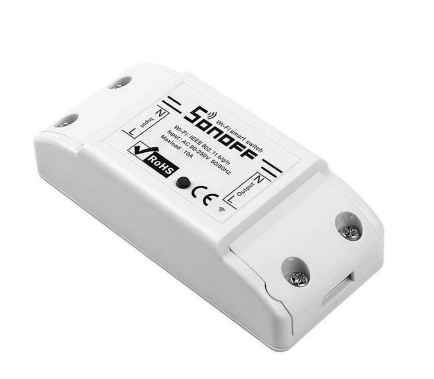 Ein weißer Wi-Fi Smart Switch. Er hat Text mit der Aufschrift 'SONOFF'. Er hat die RoHS- und CE-Zeichen.