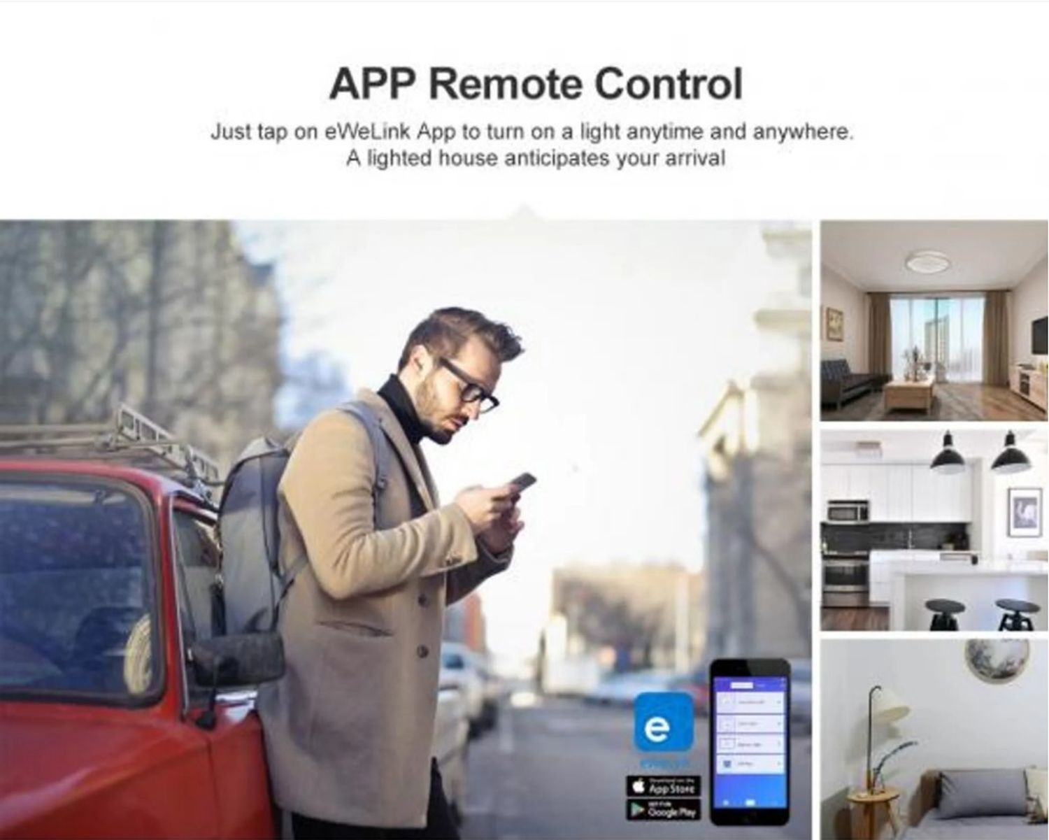 Ein Mann benutzt ein Telefon. Bilder von Haus, Küche und Schlafzimmer rechts.