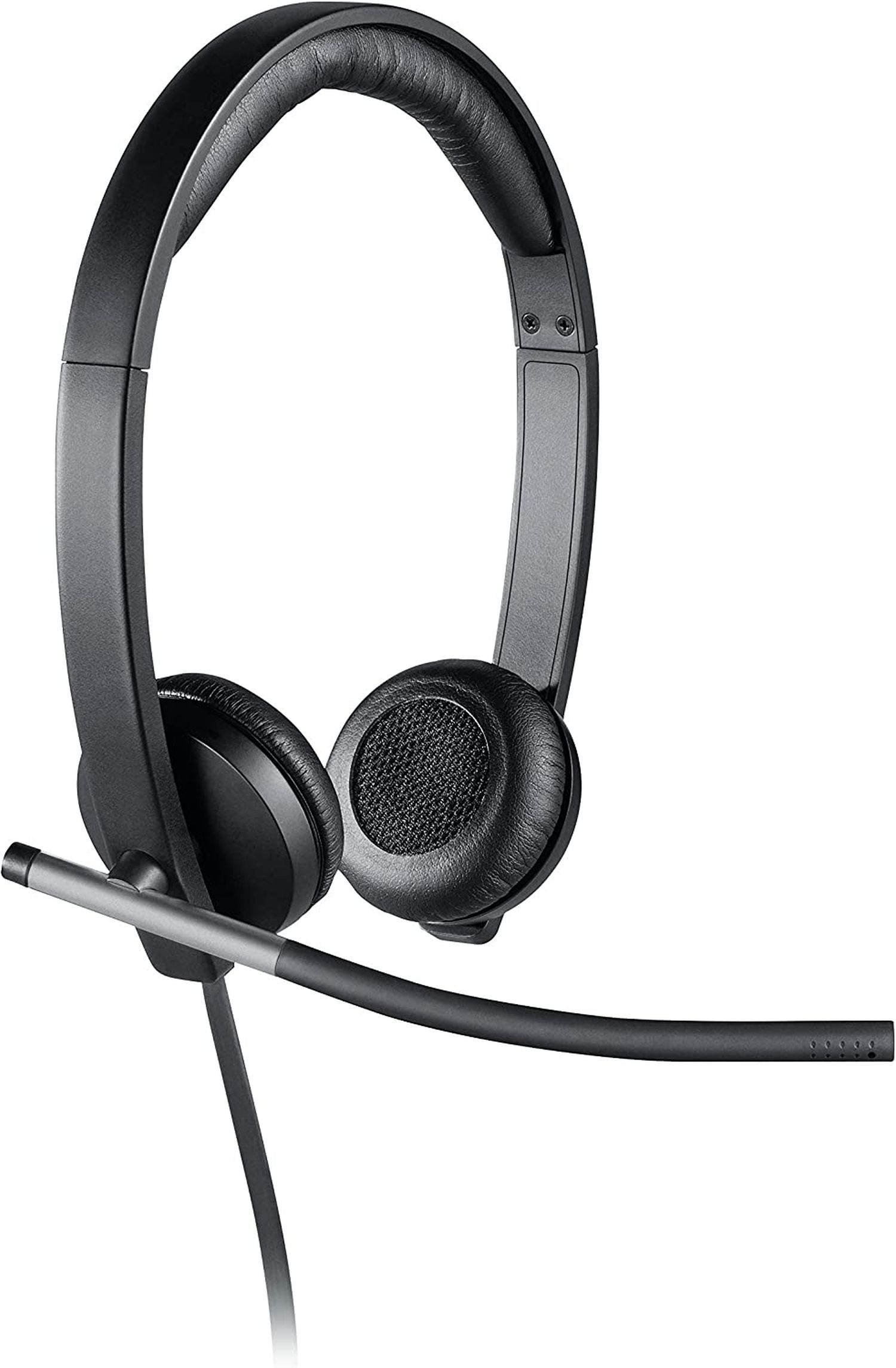 Cuffie nere con microfono. Le cuffie hanno due padiglioni auricolari e un braccio microfonico flessibile.