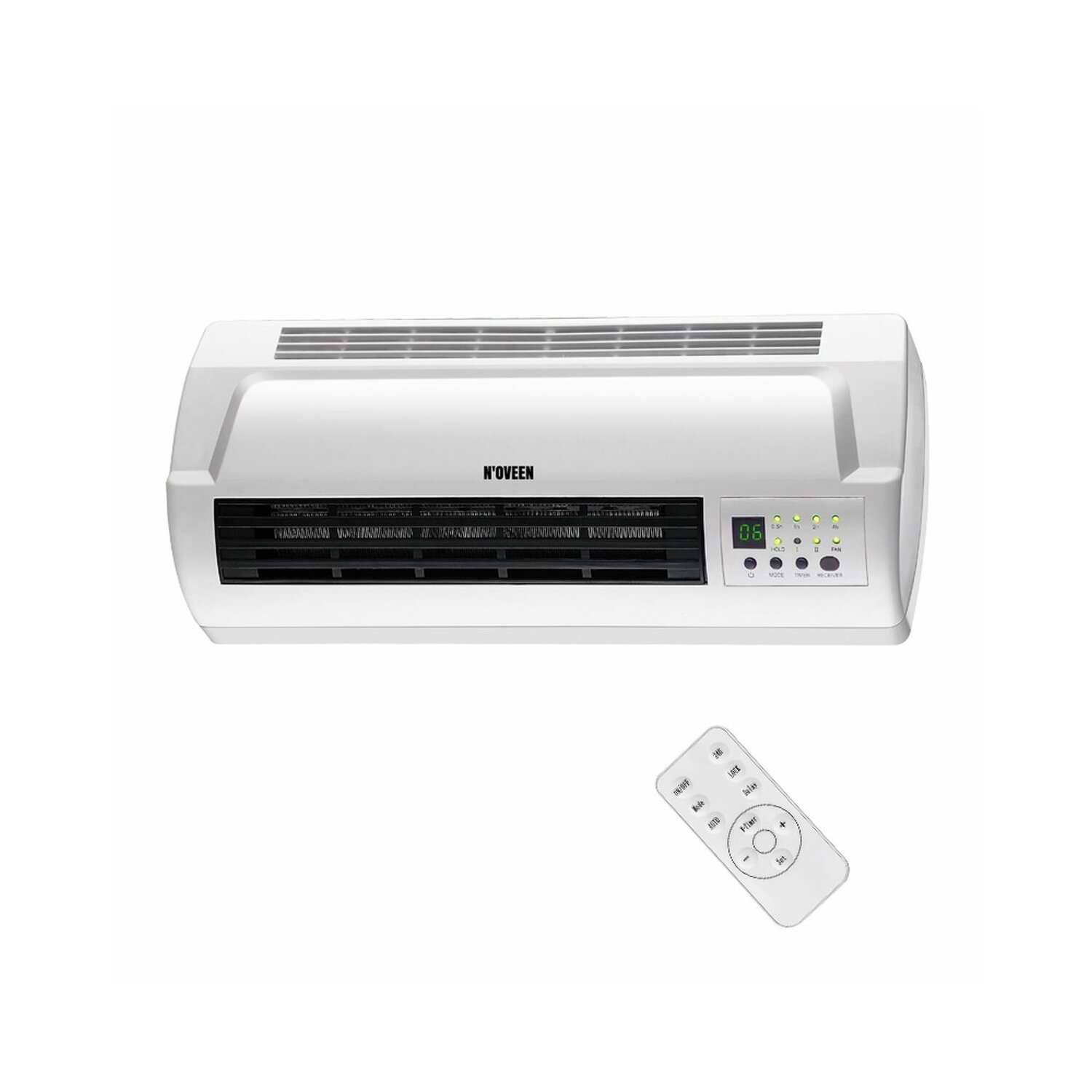 Biały grzejnik elektryczny z panelem sterowania i pilotem na białym tle.