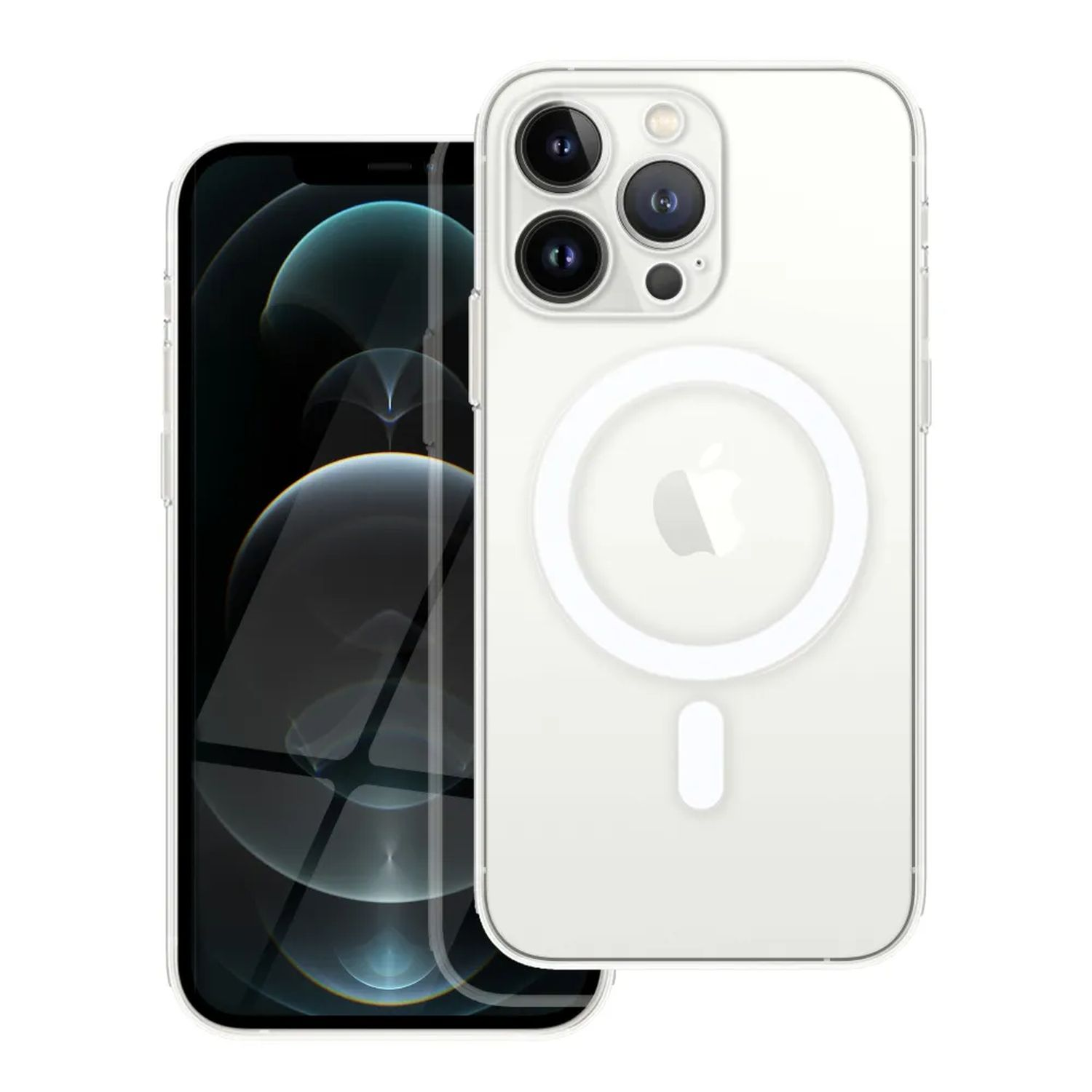 Una custodia trasparente con un iPhone all'interno. La custodia ha un anello bianco per un caricatore.