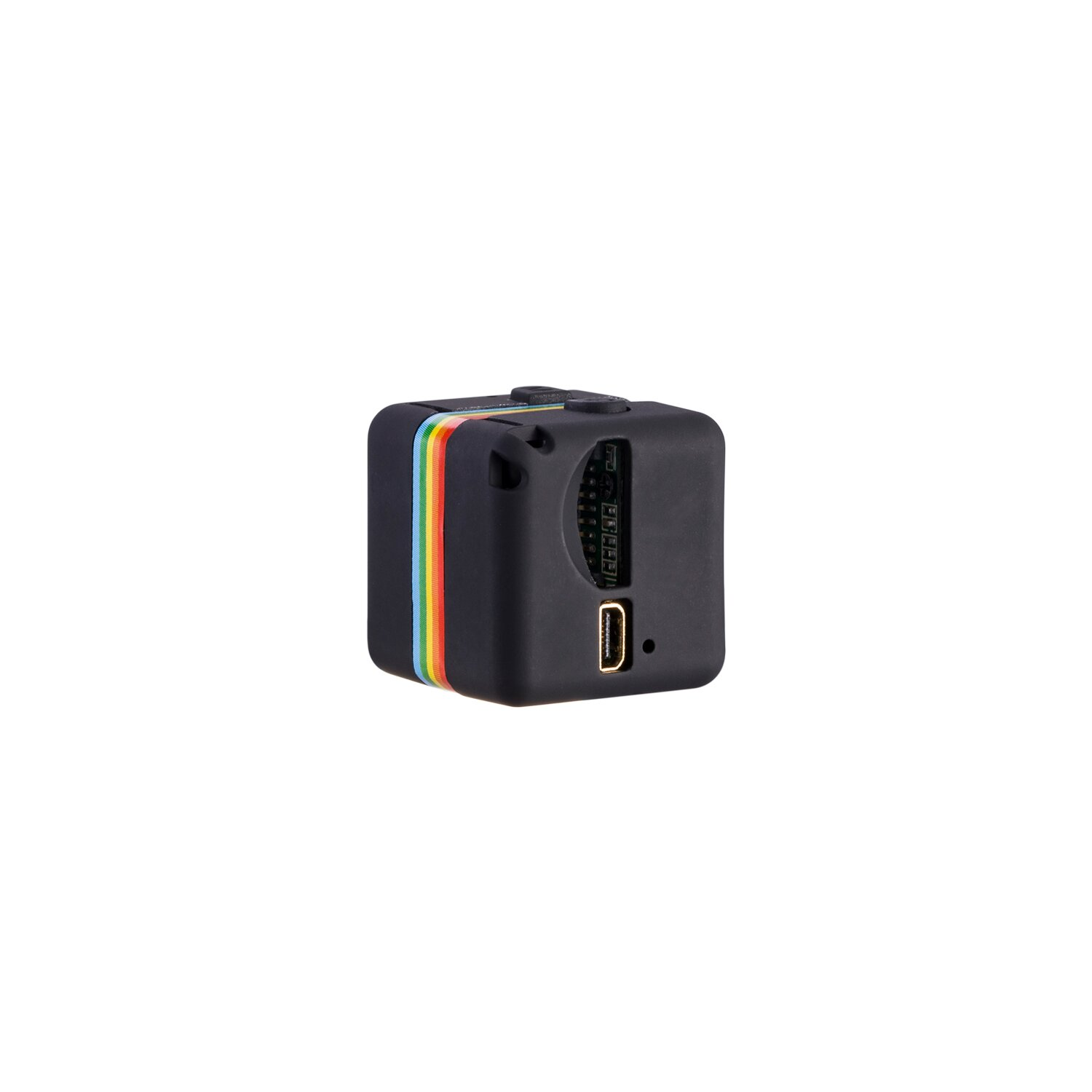 Eine kleine schwarze Würfelkamera mit farbigen Streifen und USB-Anschluss.