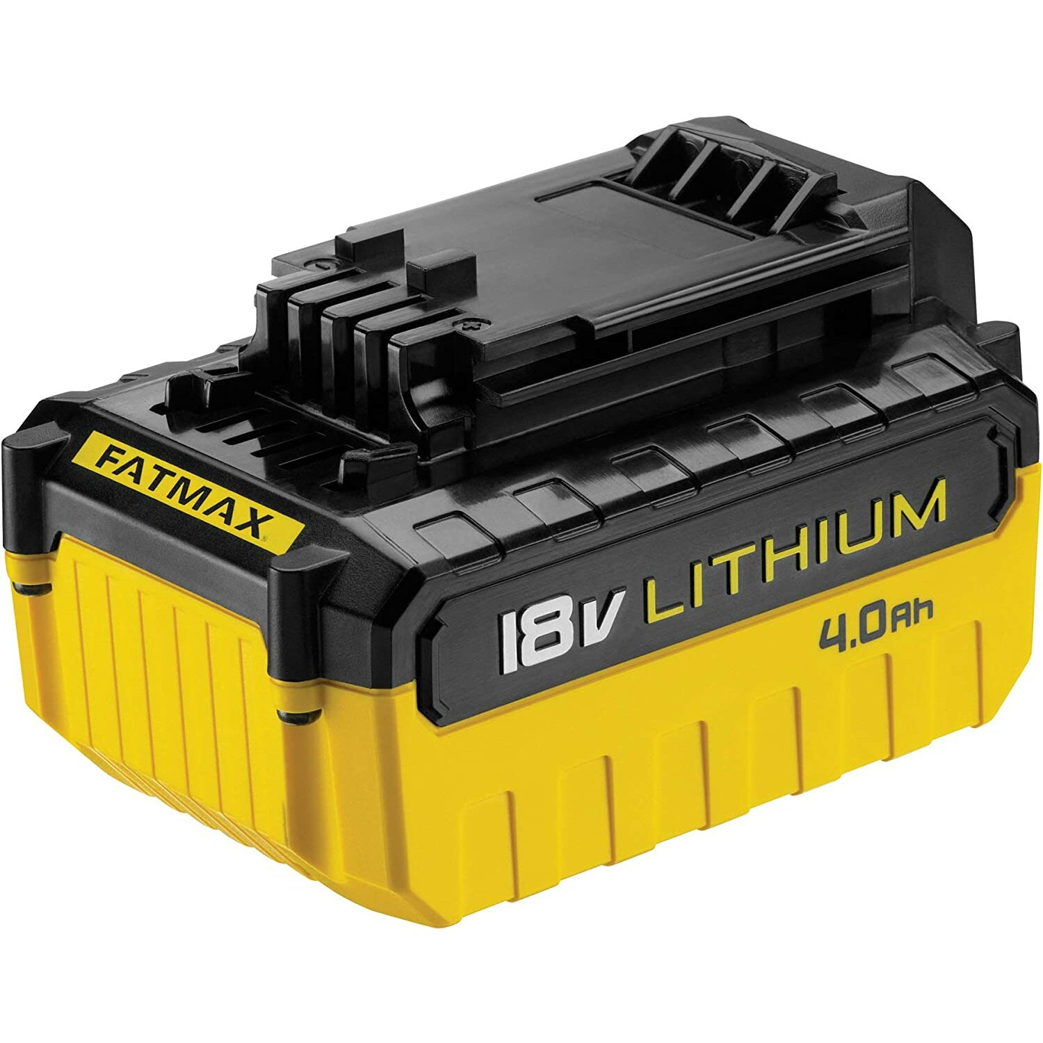 Schwarz-gelbes 18V Lithium 4.0Ah Akkupack. Es hat eine schwarze Oberseite und einen gelben Boden.