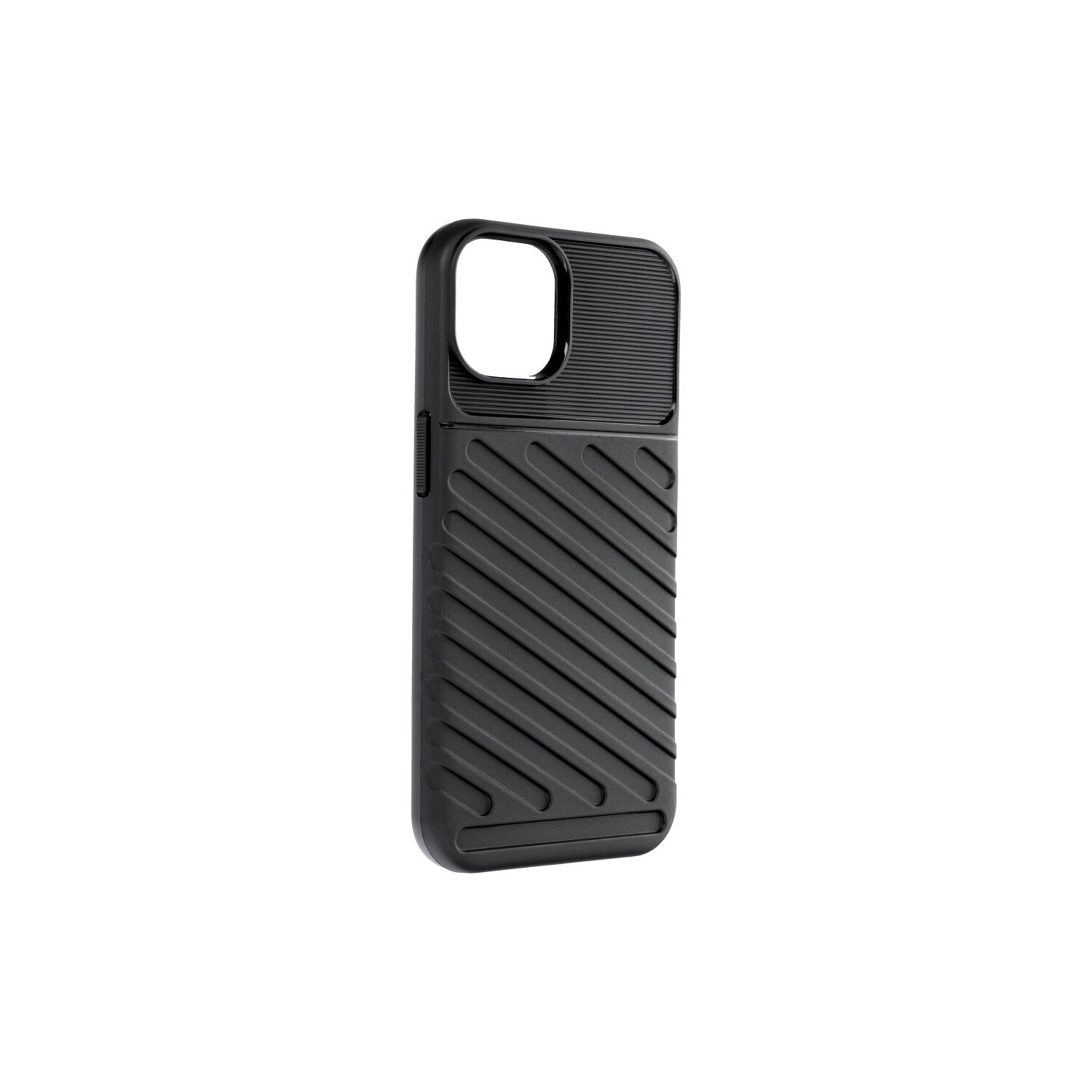 Eine schwarze Handyhülle mit diagonalen Streifen und strukturierter Oberseite.