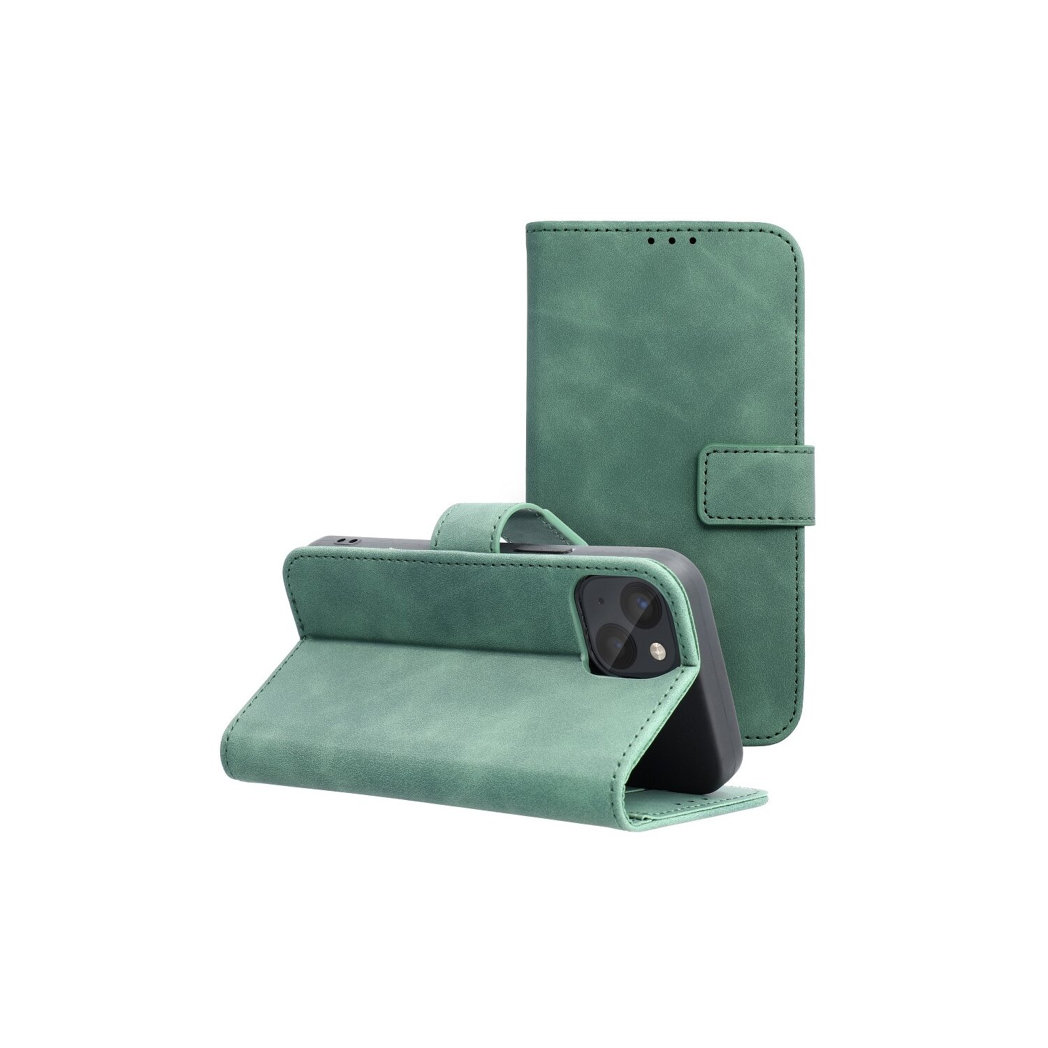 Custodia per telefono verde, chiusa e aperta, che mostra un telefono. La custodia ha una chiusura magnetica e un supporto.