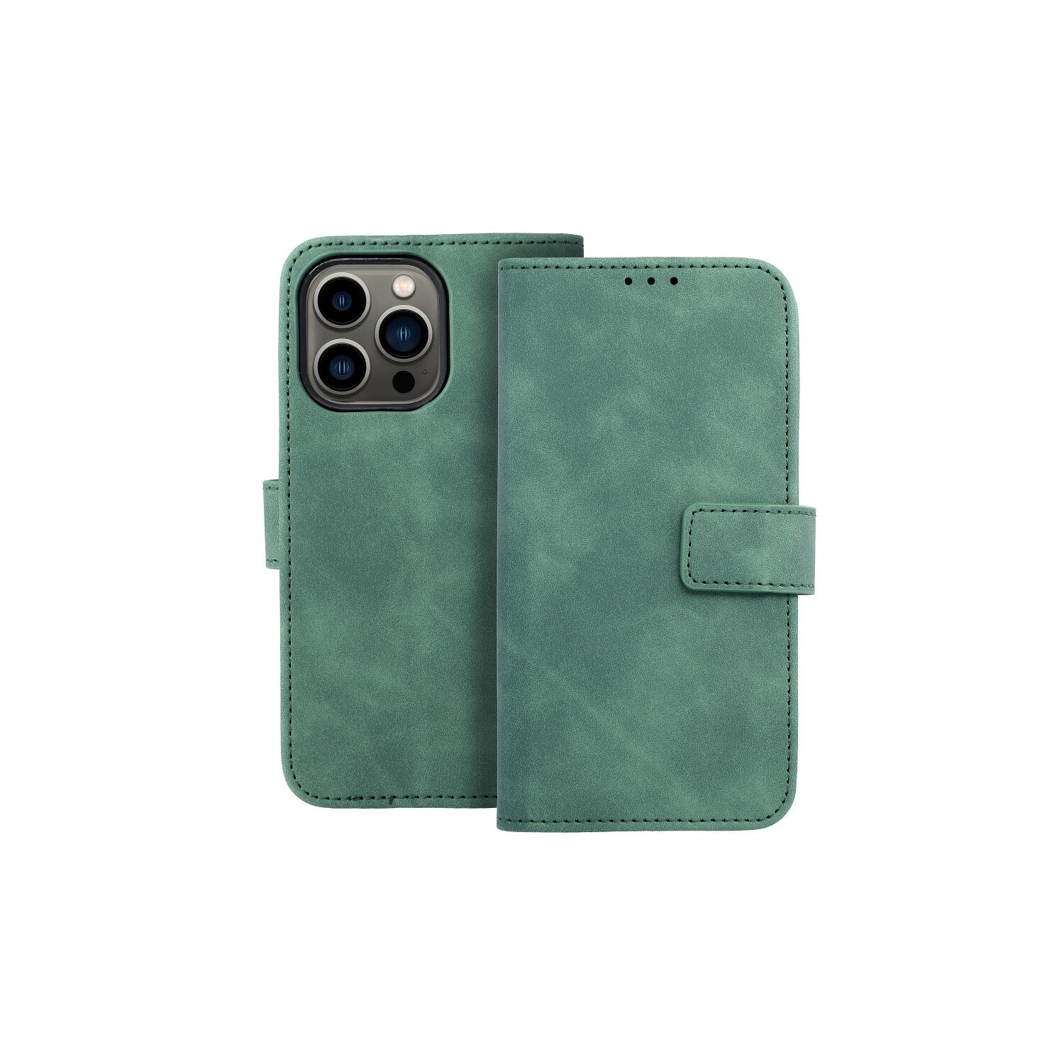 Una custodia per telefono verde simile alla pelle, aperta, che mostra il telefono e l'interno con una chiusura magnetica.
