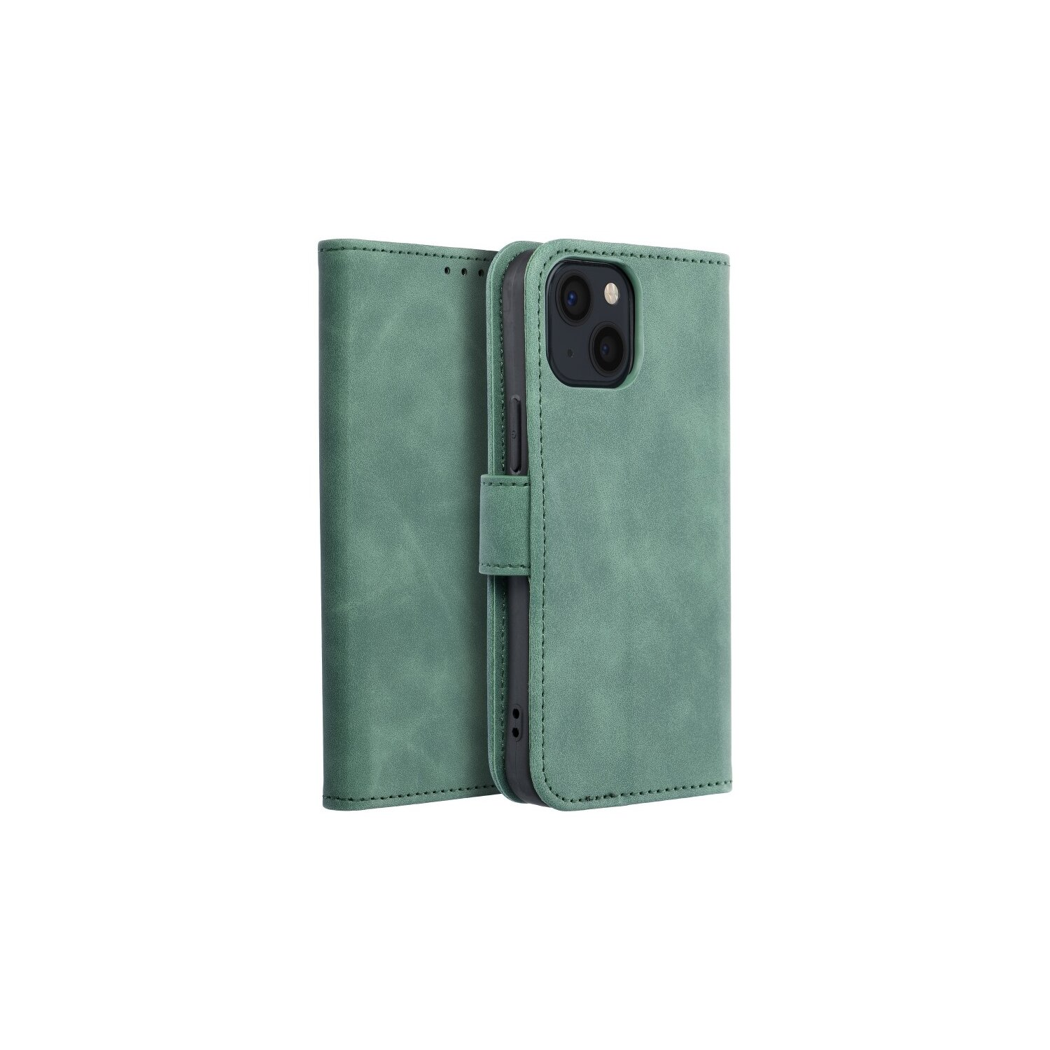 Una custodia per telefono verde, aperta, con un telefono all'interno, su sfondo bianco.