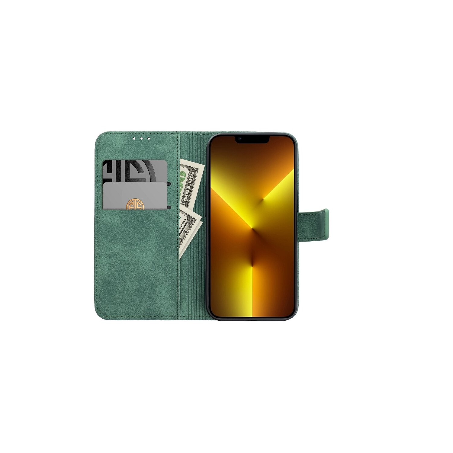 Una custodia per telefono verde acqua aperta, che rivela un telefono e contanti, con fessure per carte.