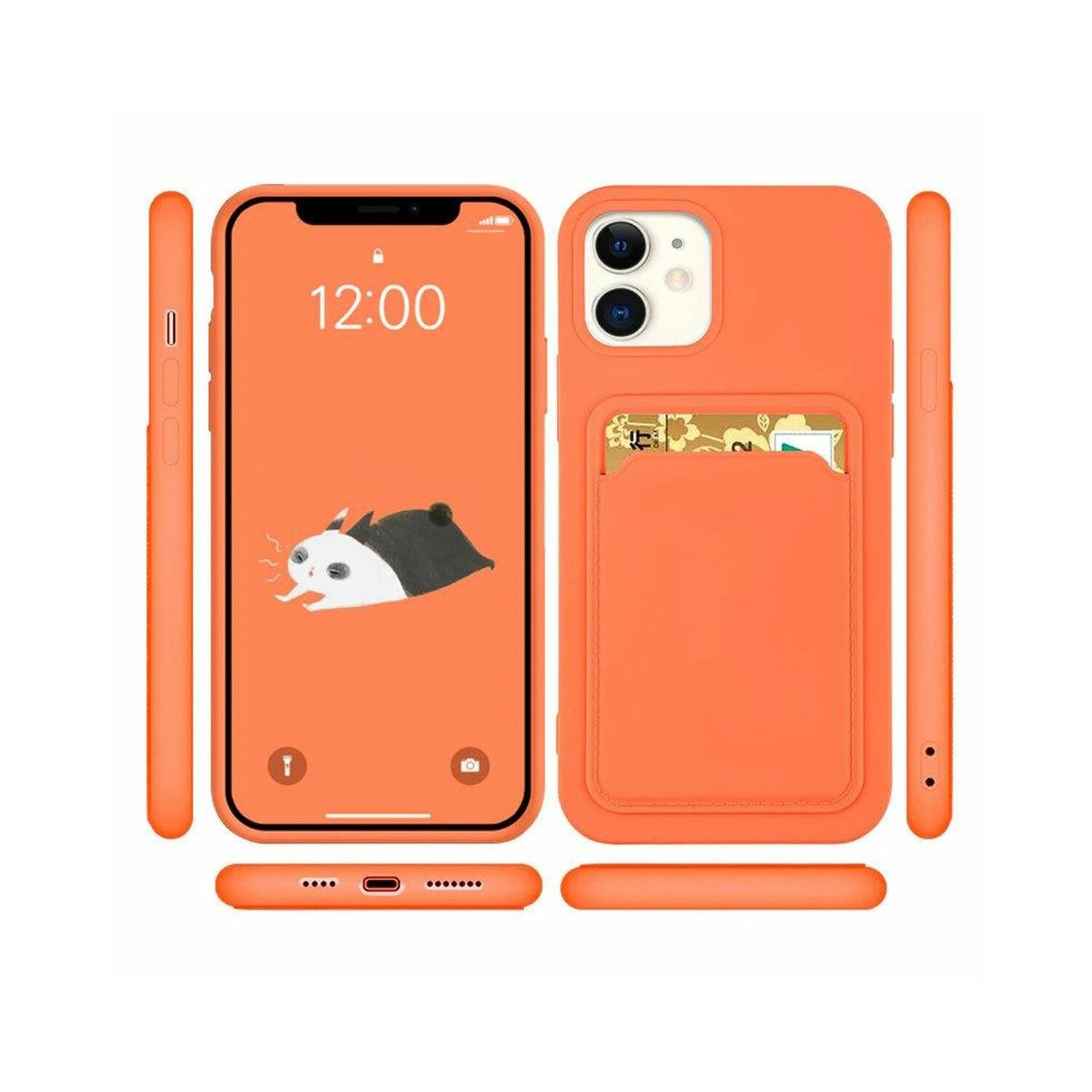 Orangefarbene Handyhülle, Display zeigt Panda mit Kartenfach. Mehrere Ansichten des Telefons.