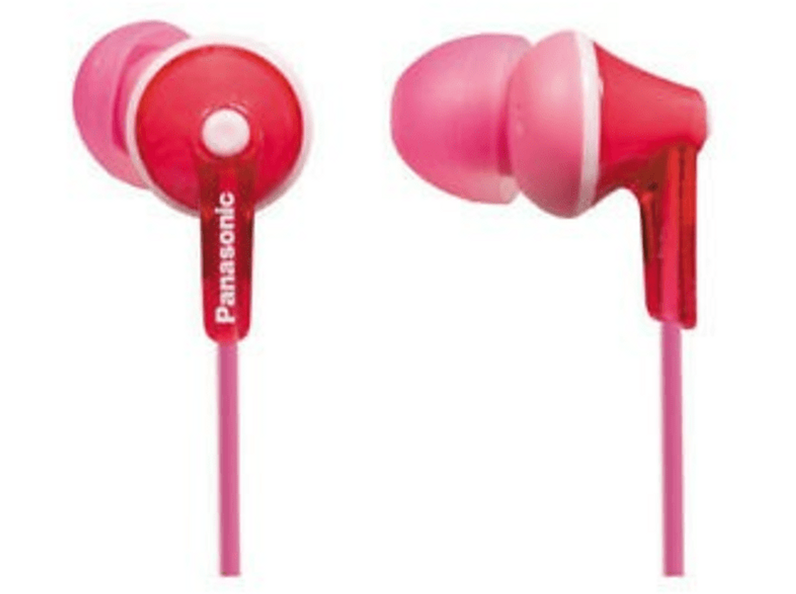 Dwa różowe i białe słuchawki douszne z czerwonym przewodem i napisem Panasonic.