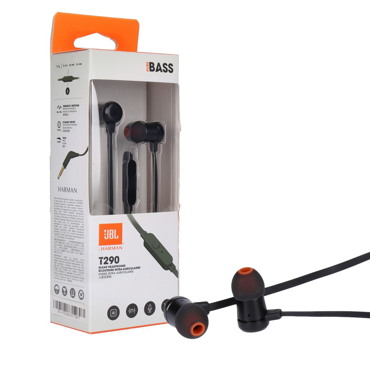 Auricolari in-ear JBL T290 in una scatola, con un set fuori. Auricolari neri con punte arancioni.
